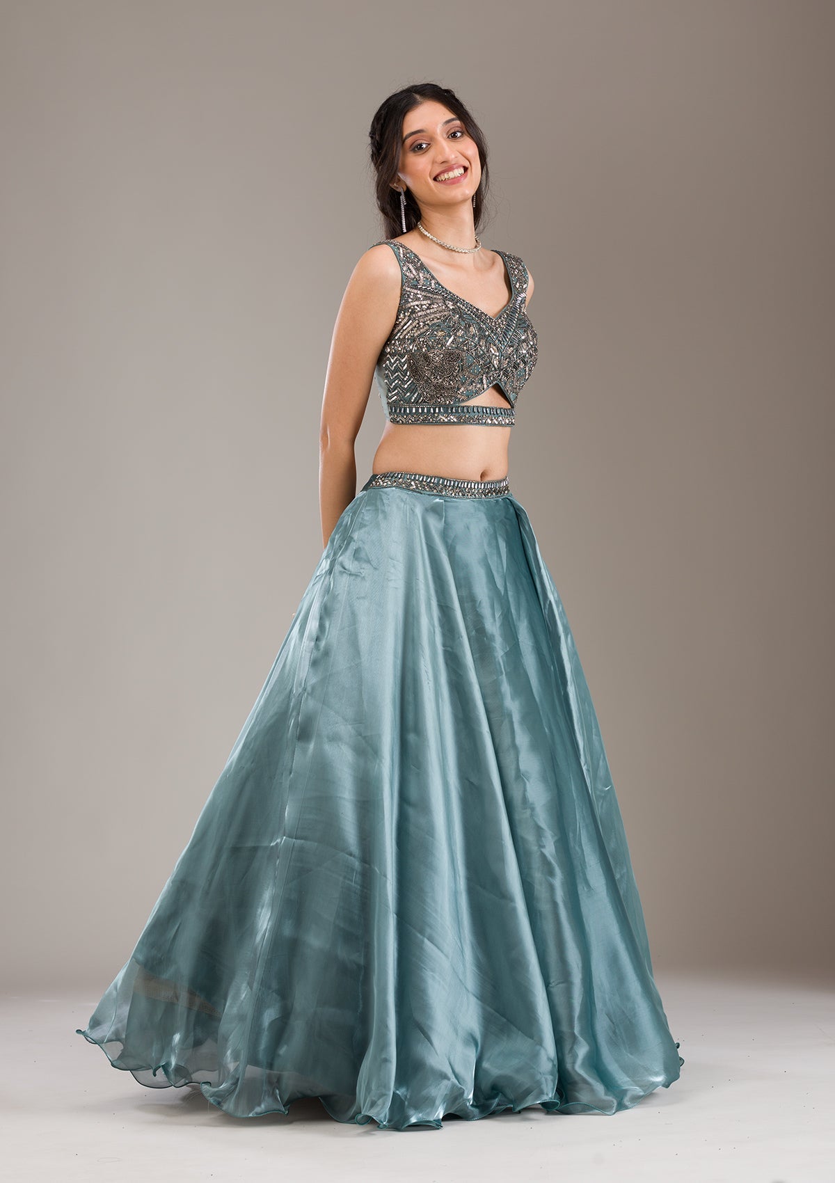 Koskii Sea Green Cutdana Organza Readymade Lehenga - view 6