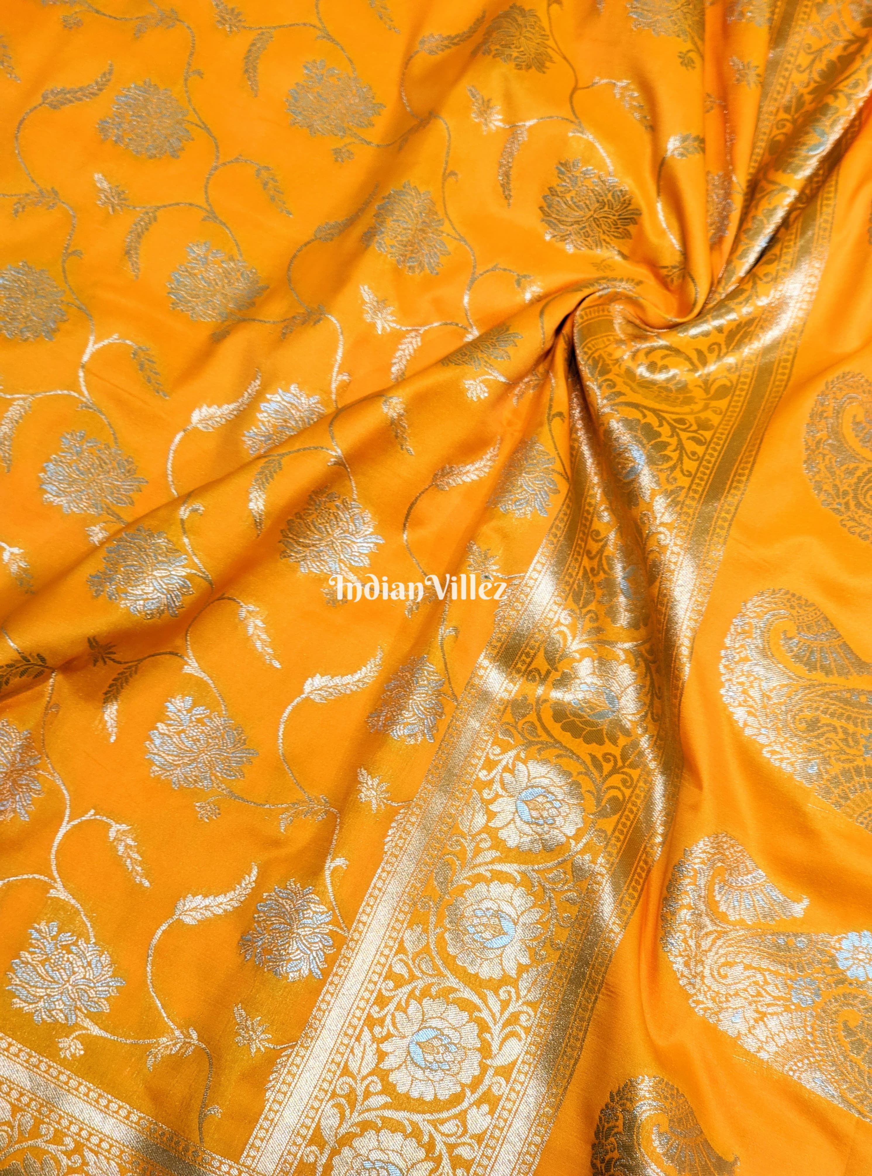 IndianVillèz Yellow Floral Design Pure Banarasi Katan Saree - view 2