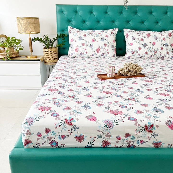 Urban Space -Home Furnishing Store Fitted King Size Cotton Bedsheet - Paradise Pink & Blue