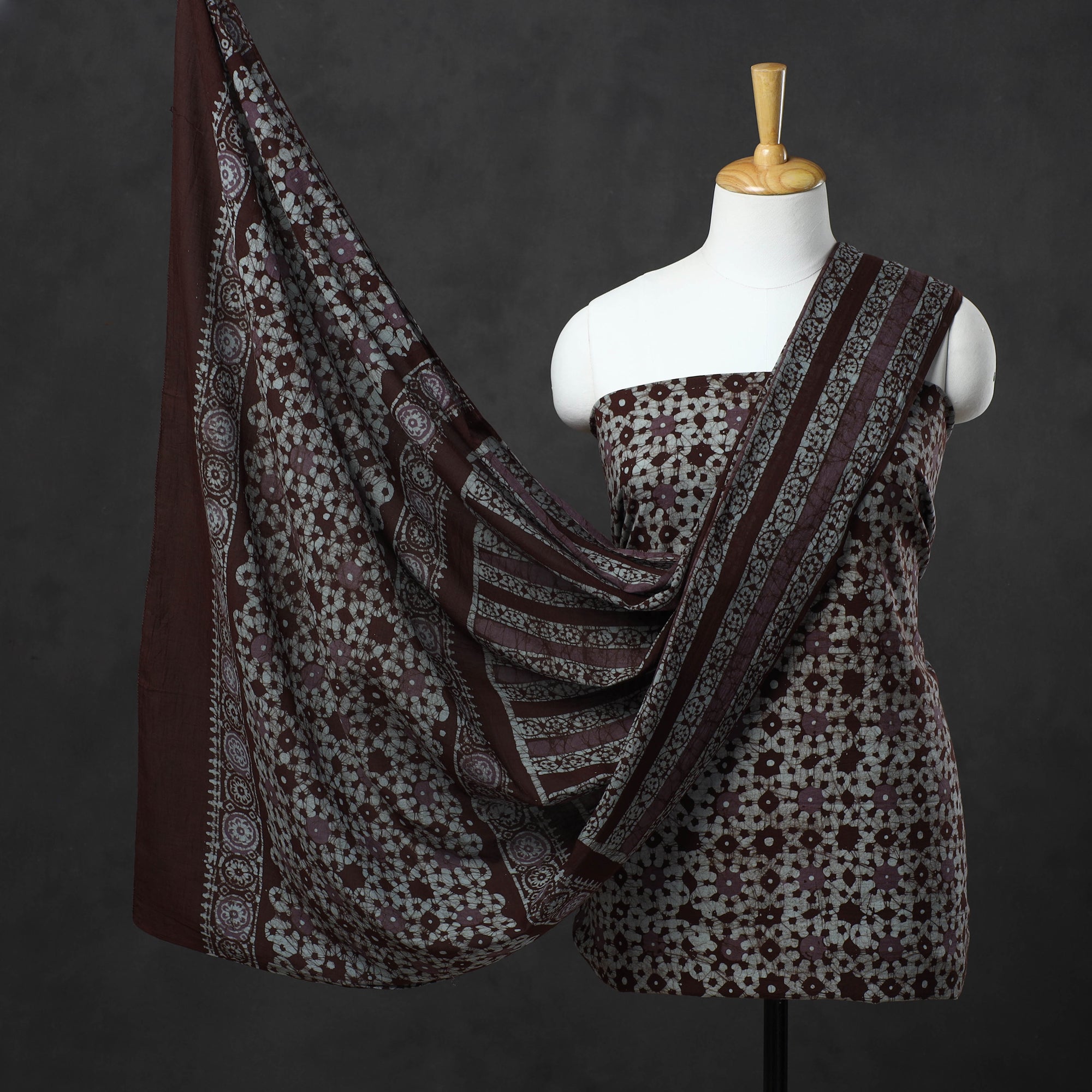 KACHCHH JI CHHAAP Brown - Kutch Print Cotton 3pc Batik Dress Material 31