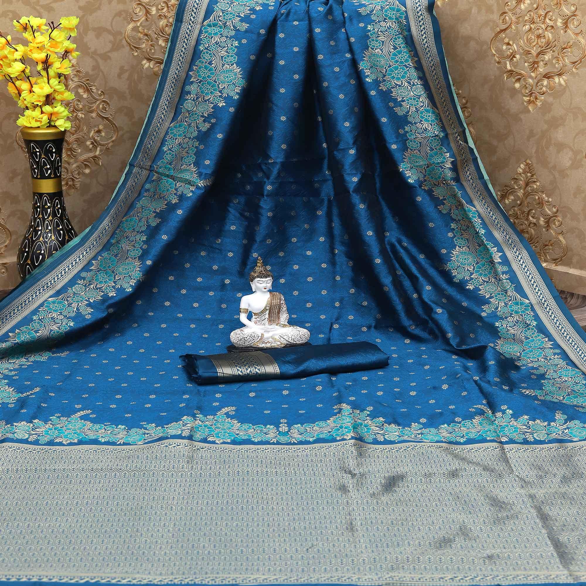 Peachmode Mesmerising Blue Colored Festive Wear Woven Banarasi Art Silk Saree