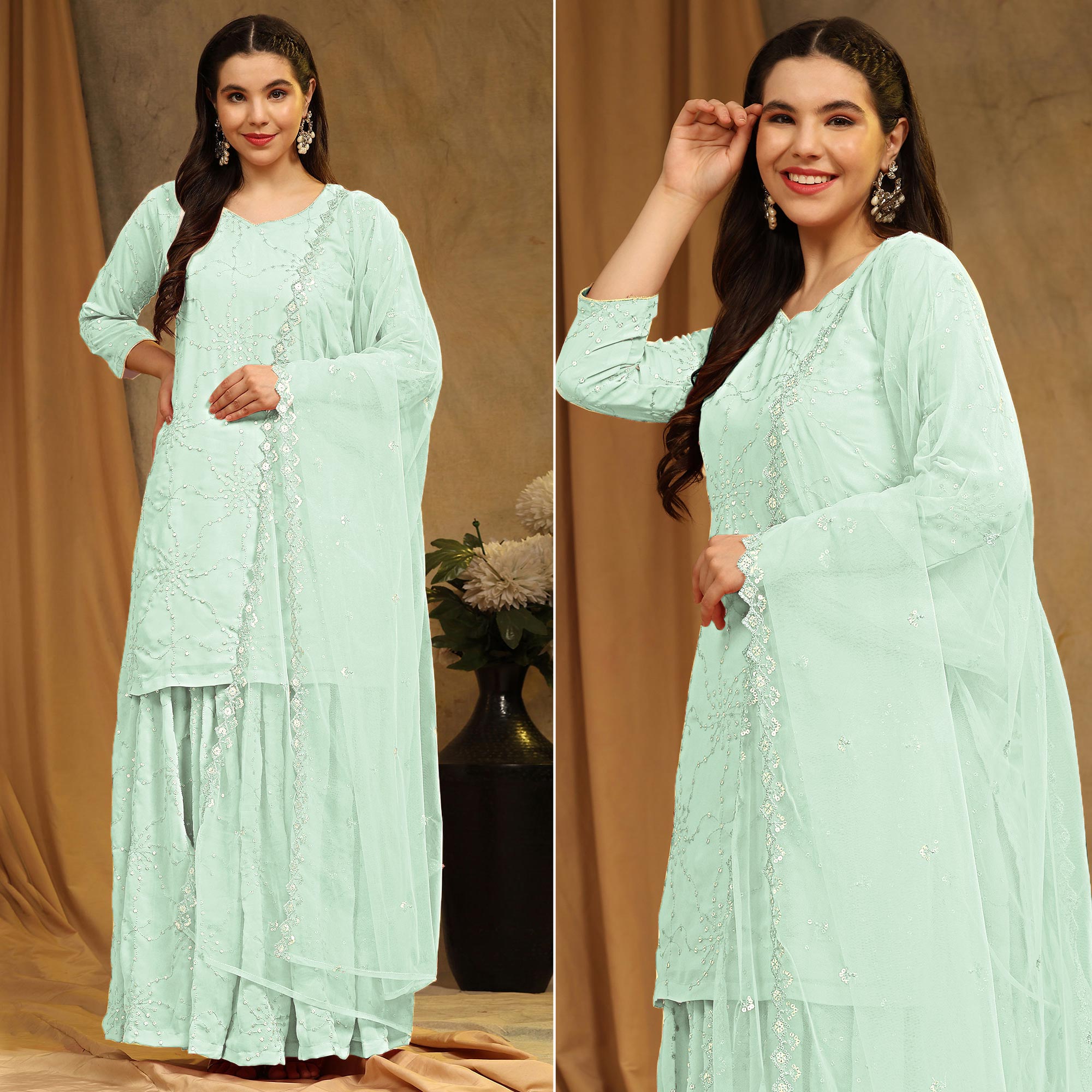 Green suits – BlackTree green-embroidered-georgette-semi-stitched-sharara-suit-1