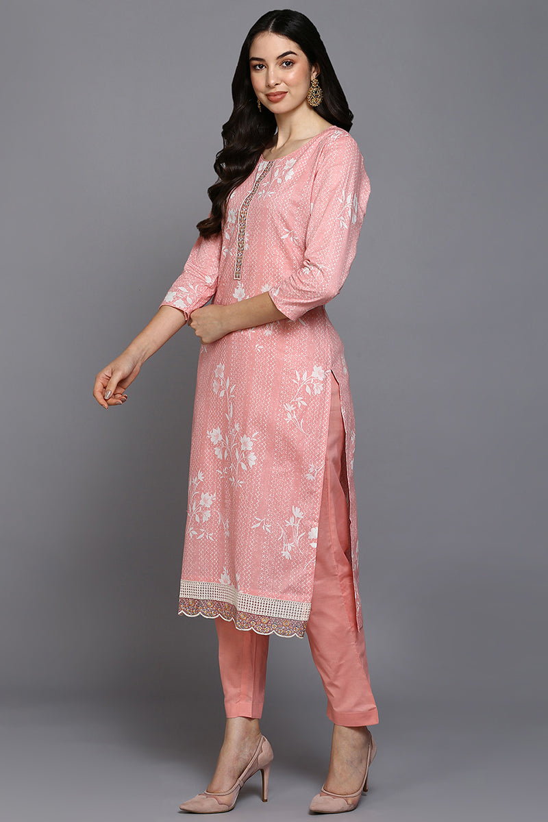 Ahika Peach Cotton Blend Ethnic Motifs Straight Suit Set VKSKD1879 - view 3