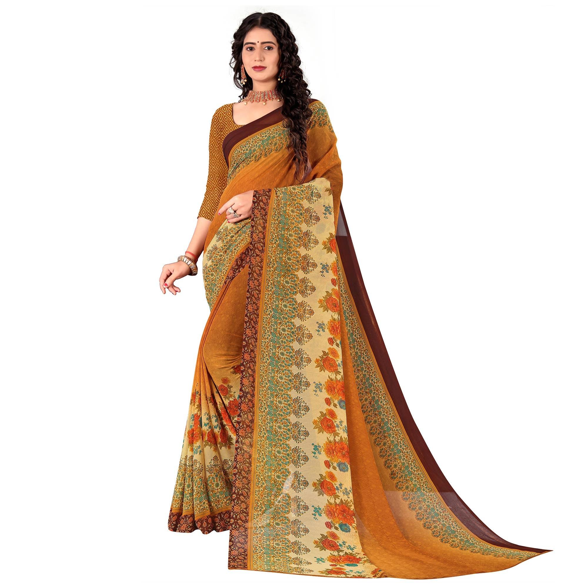 Peachmode Brown Casual Wear Floral Digital Printed Heavy Georgette Saree