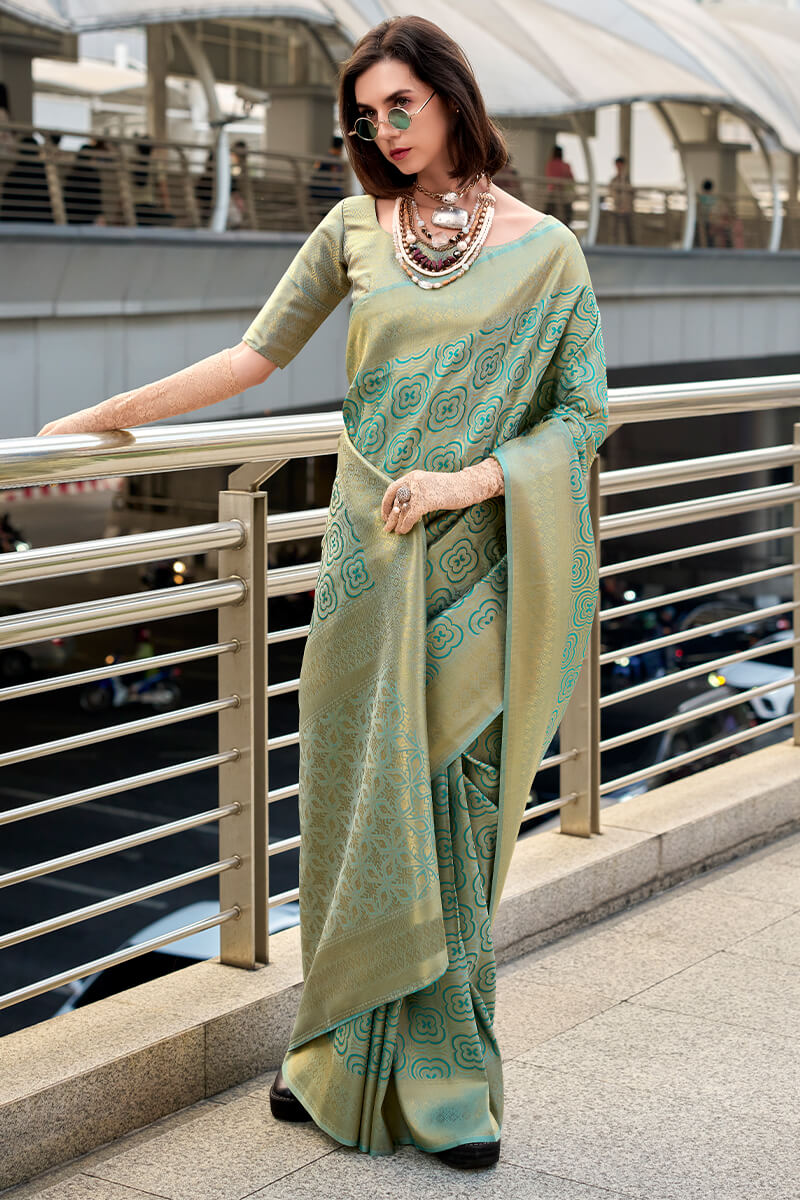Rajpath Demure Sea Green Kanjivaram Silk Saree With Snazzy Blouse Piece - view 3