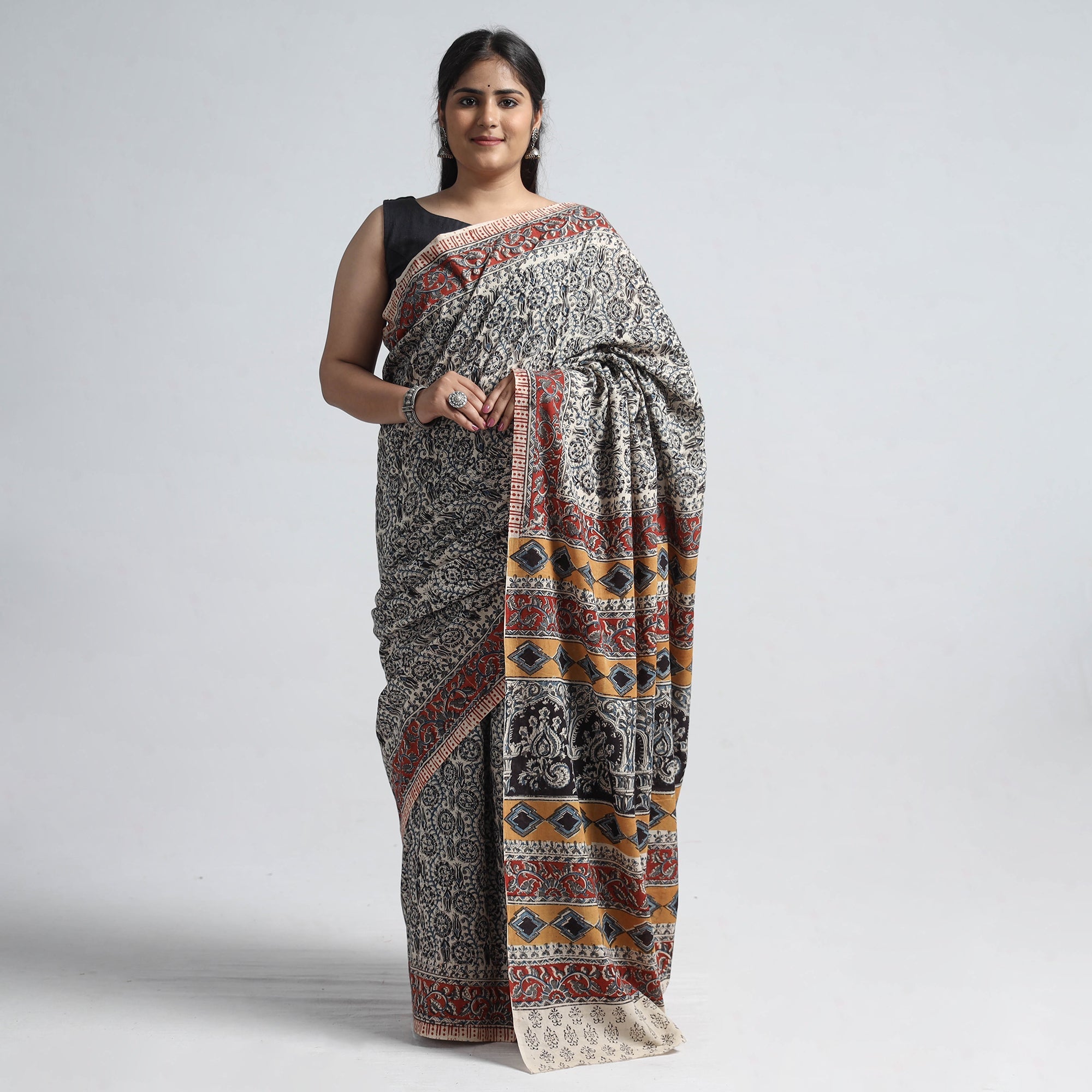 VENKATA BHANU KALAMKARI PEDANA Black - Pedana Block Print Cotton Kalamkari Saree