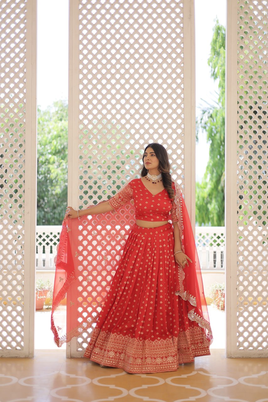 ClothsVilla Red Enchanting Dayble Viscose Jacquard Lehenga Set with Double Zari Work - view 2