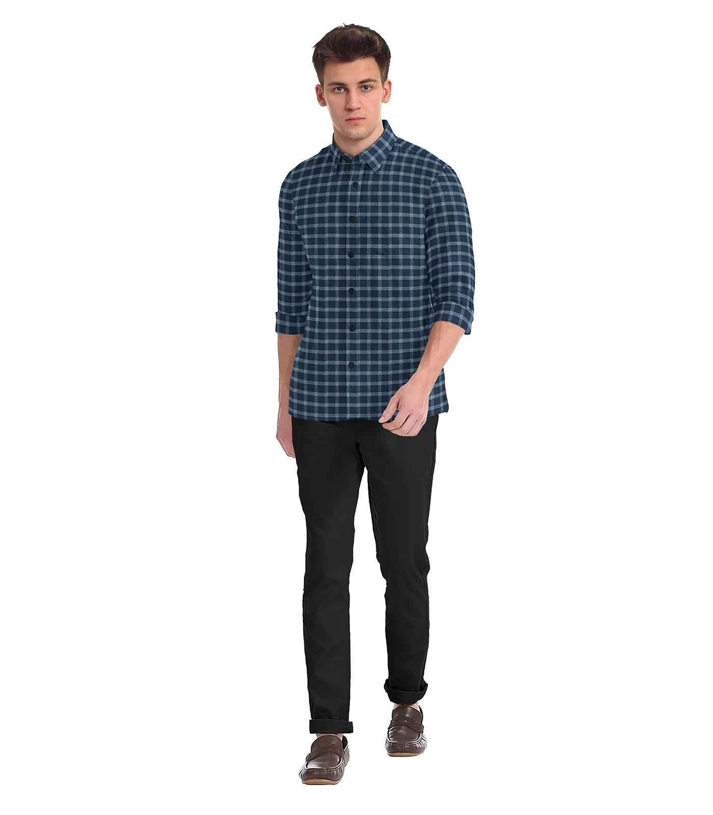 RmKV Navy Blue Checked Twill Weave Formal Shirt-Navy Blue - view 3