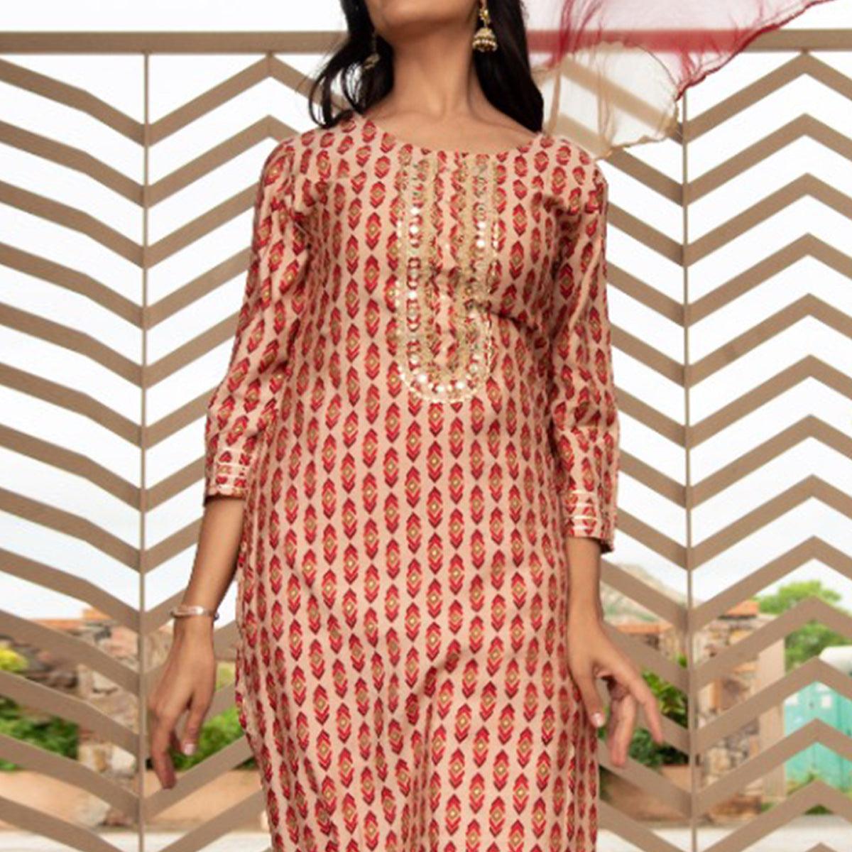 Peachmode Cream Partywear Printed With Embellished Cotton Kurti Pant Set - view 5
