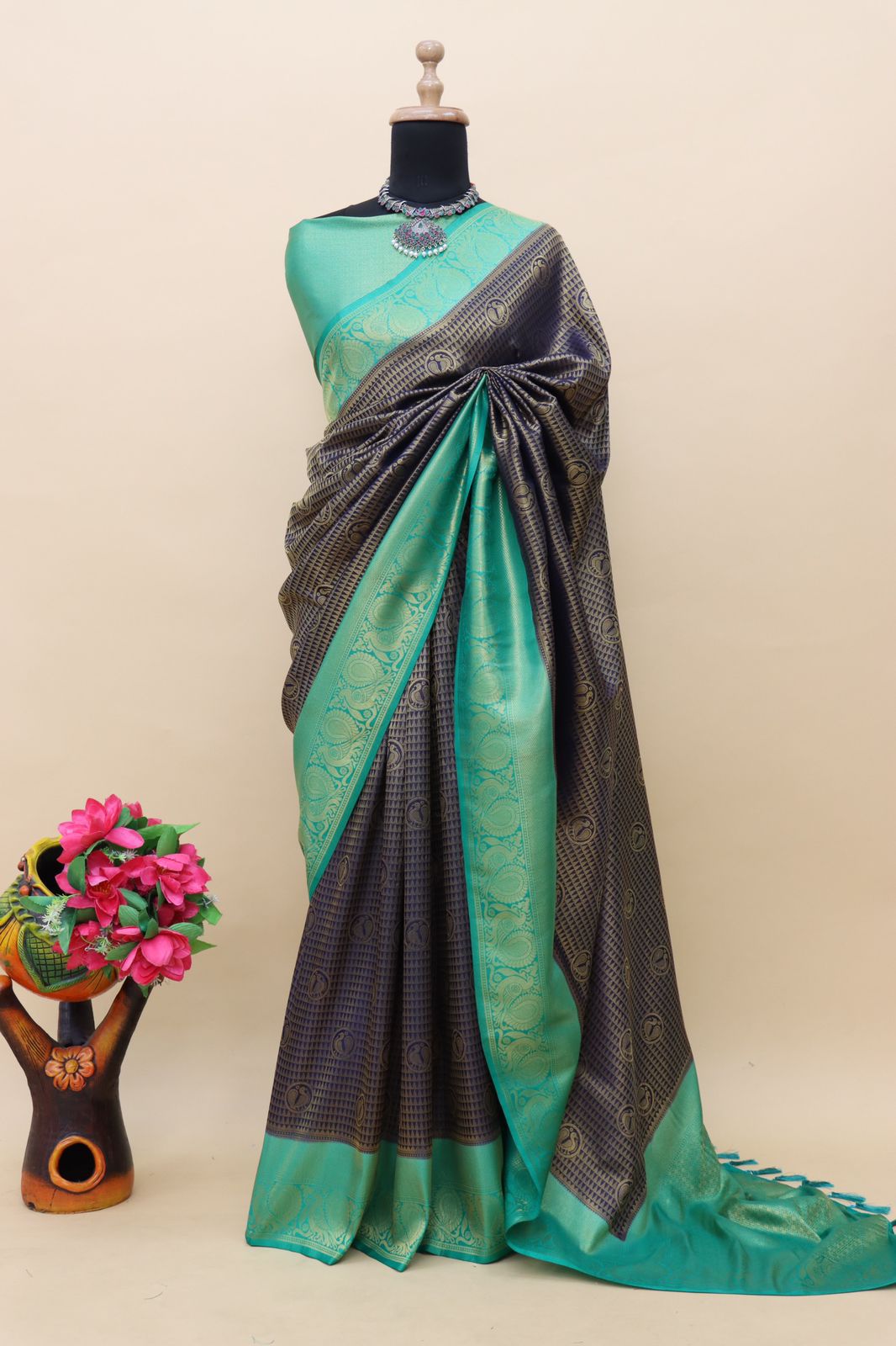 ClothsVilla Blue Kuber Soft Silk Saree with Exquisite Golden Jari Work & Matching Blouse