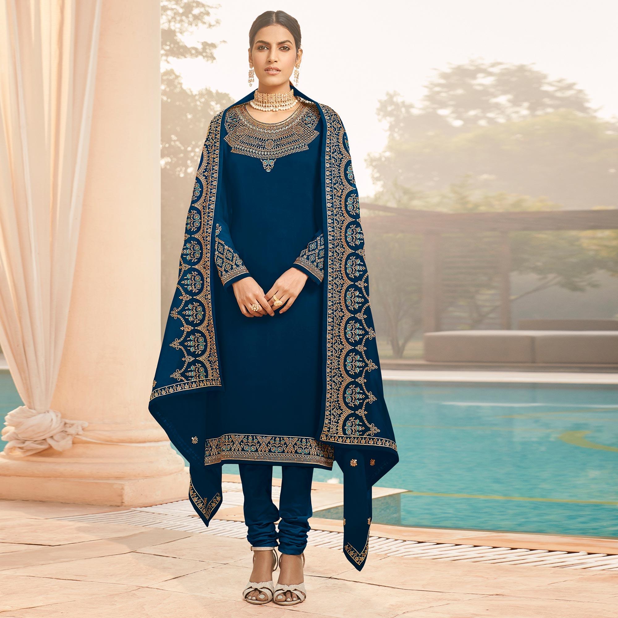 Peachmode Desirable Rama Blue Coloured Party Wear Embroidered Stone Work Faux Georgette Salwar Suit