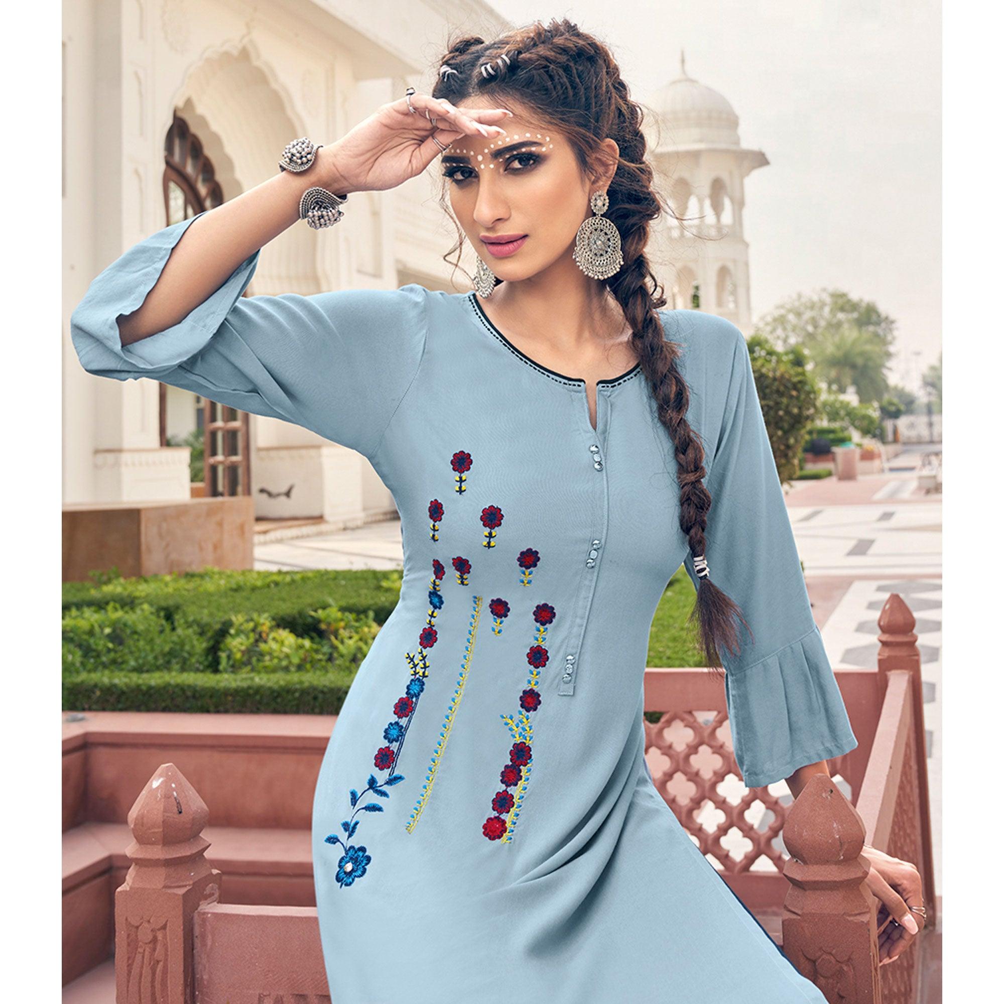 Peachmode Seller Light Blue Casual Wear Embroidered Heavy Rayon Kurti - Palazzo Set - view 4