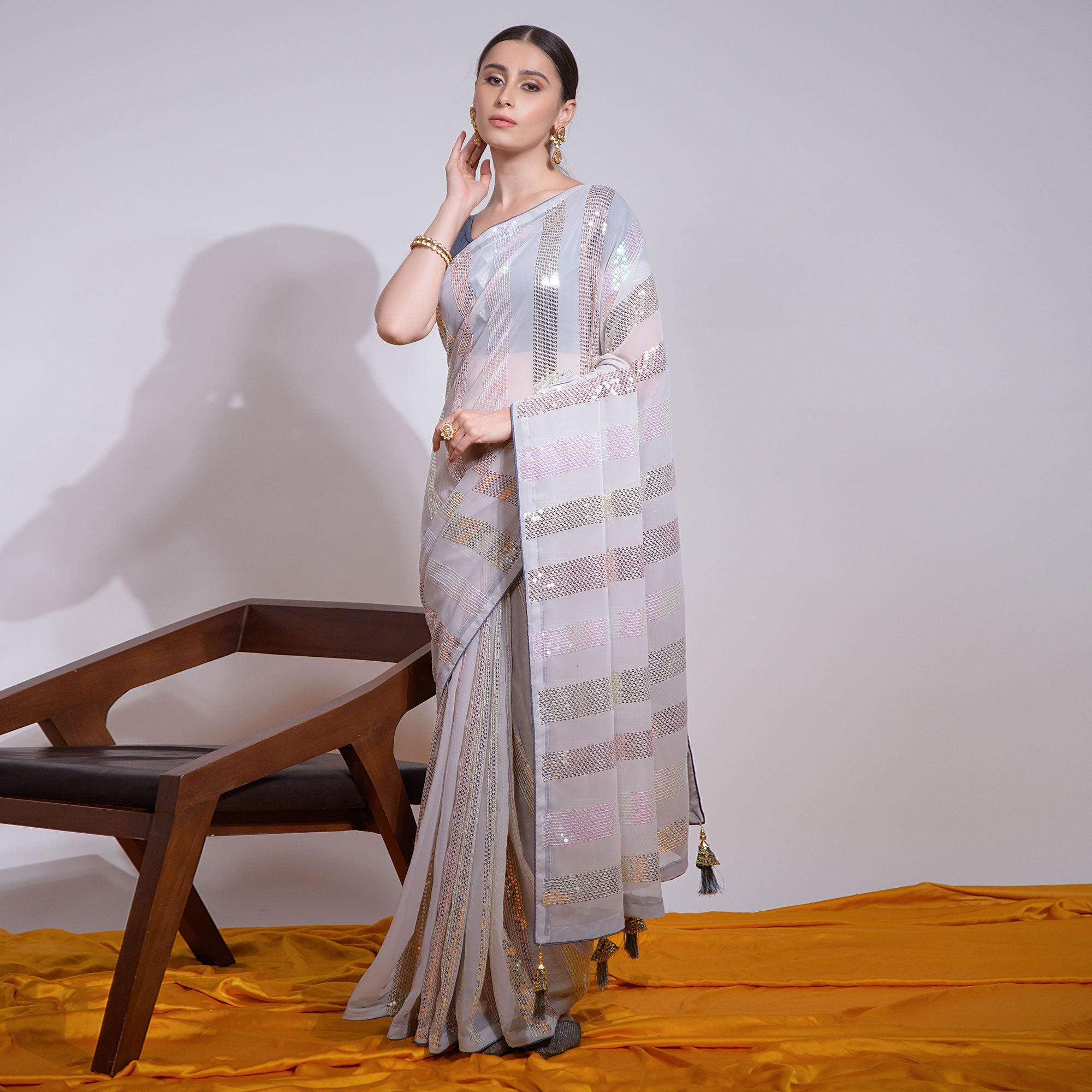 Peachmode Grey Sequins Embroidered Georgette Saree - view 2