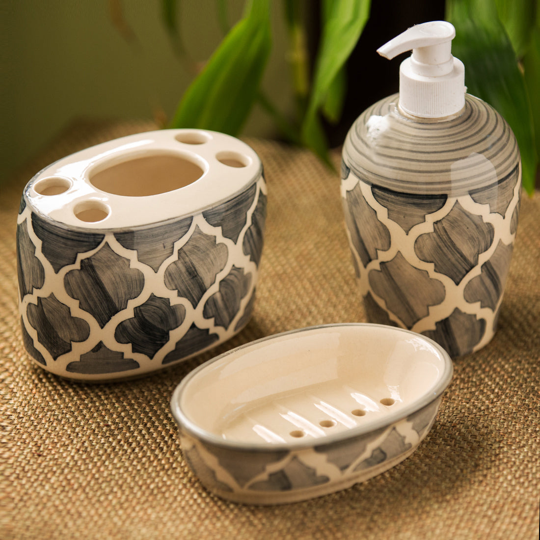 Bathroom accessory set – EXCLUSIVELANE 'Moroccan Essentials' Handpainted Ceramic Bathroom Accessory (Set Of 3)