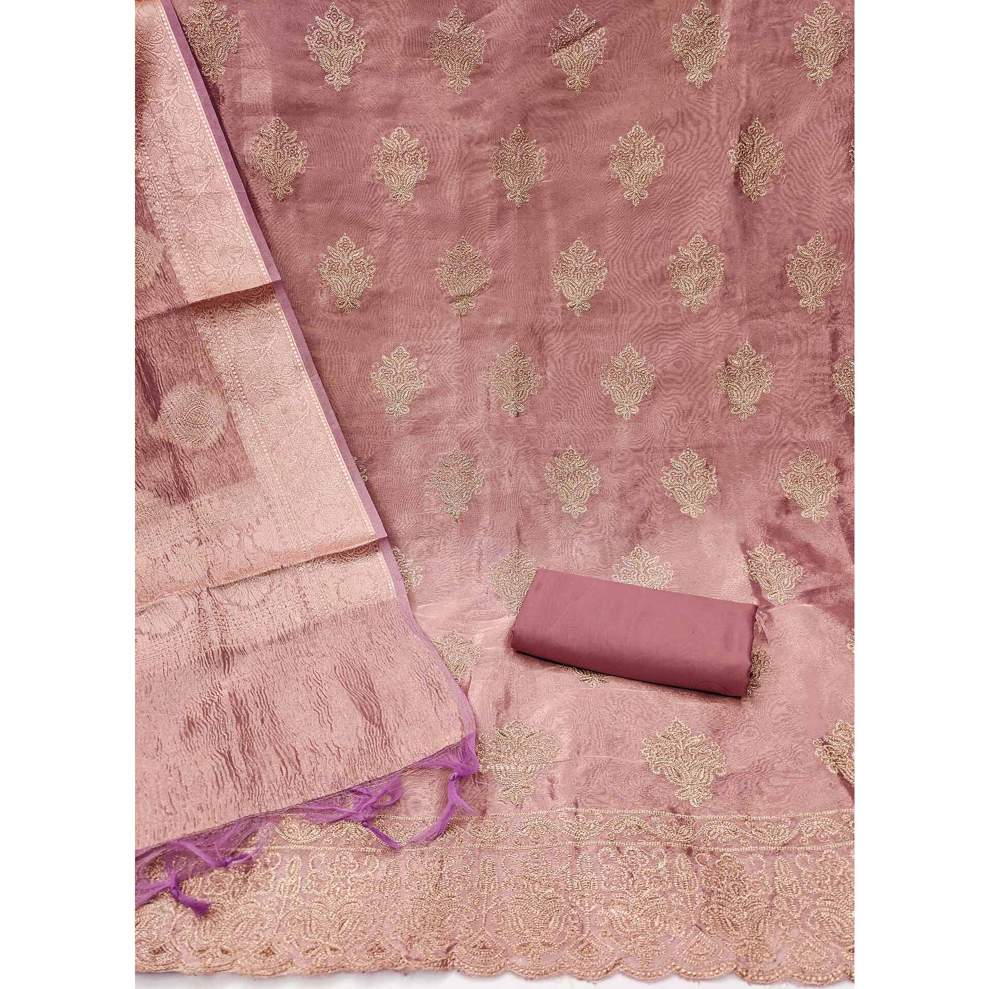 Peachmode Dusty Rose Pink Floral Embroidered Shimmer Organza Dress Material - view 3