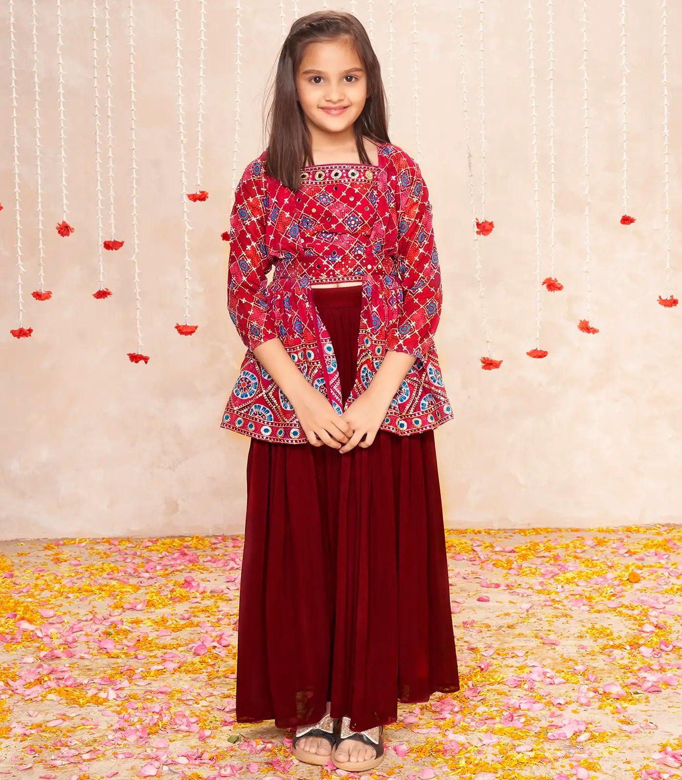 RmKV Deep red sequin embroidered skirt and jacket set -Red