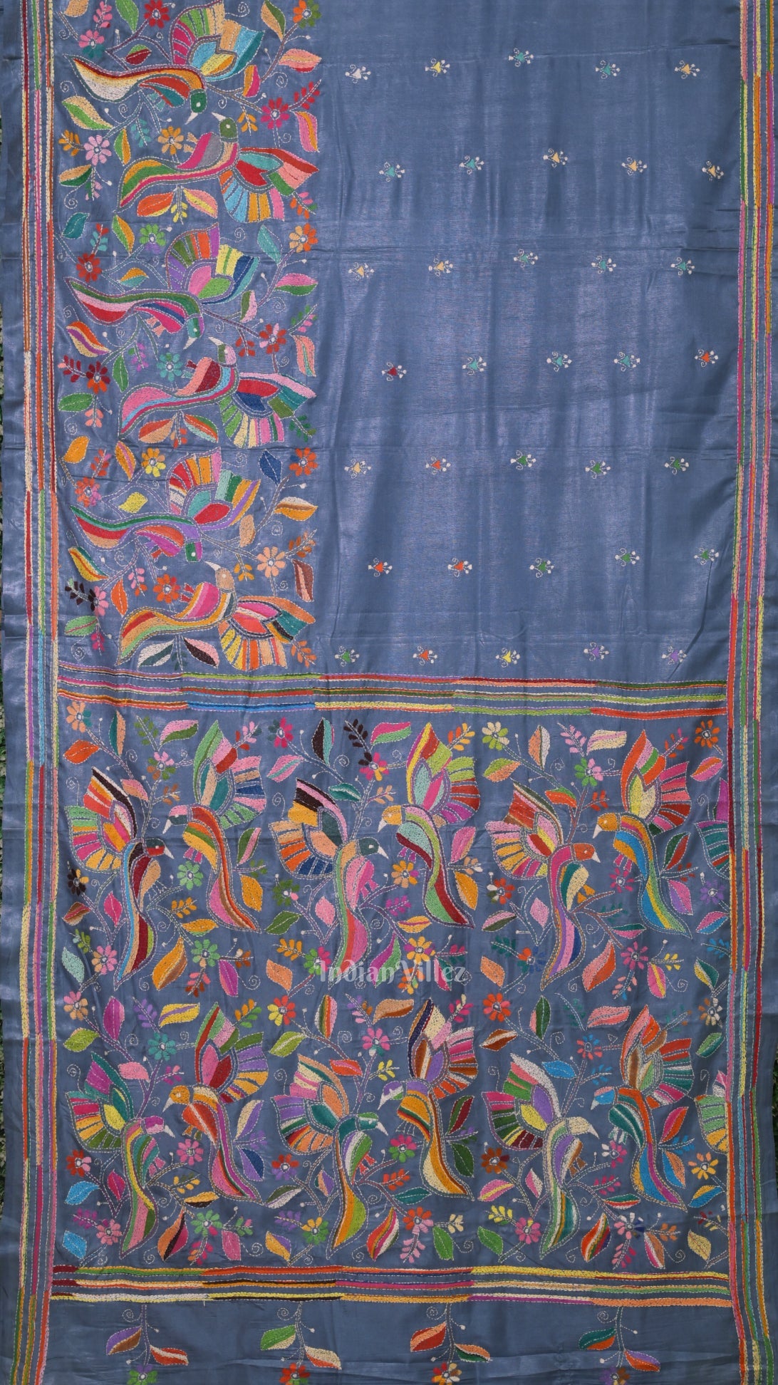 IndianVillèz Light Blue Handwoven Kantha Stitch Silk Saree