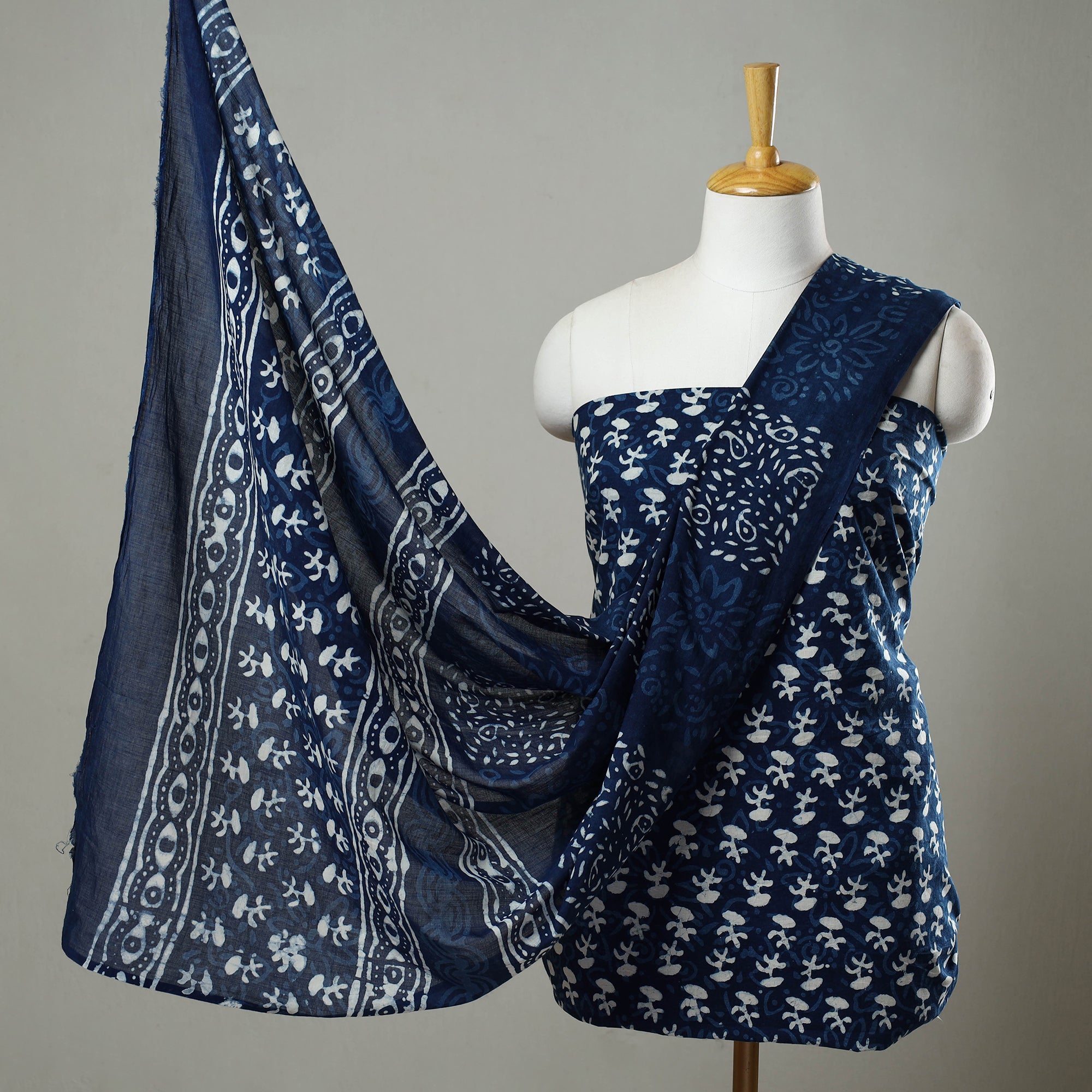 ARTISAN HAND BLOCK PRINTS Blue - 3pc Cotton Indigo Bagru Print Dress Material Set 18