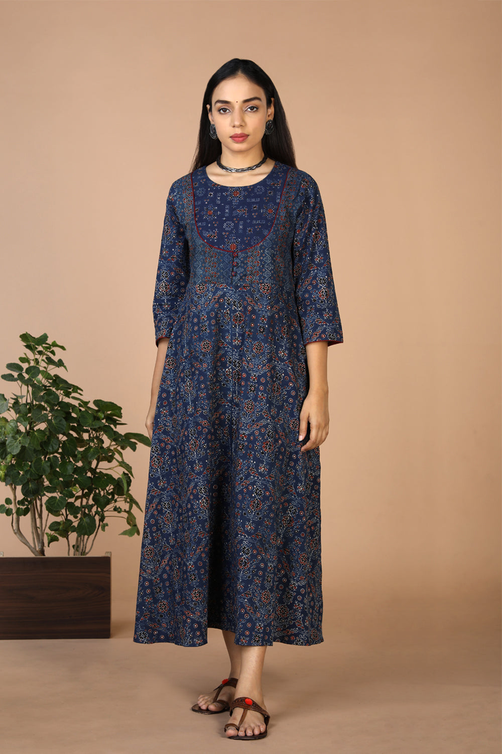 Kalanjali Ethnics Indigo Ajrak handblock printed long ethnic dress