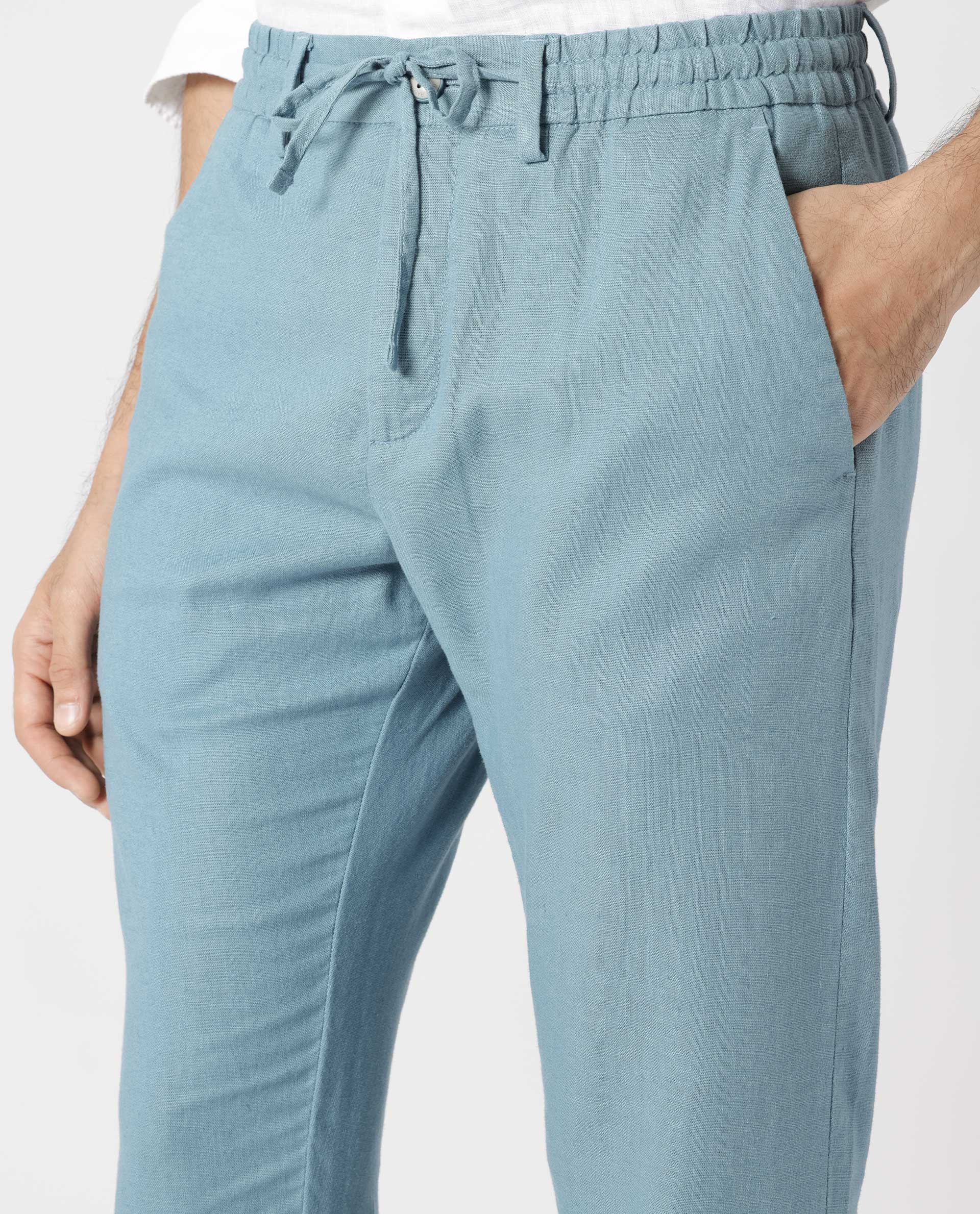 Rare Rabbit Men's Linac Dusky Blue Solid Drawstring With Elastic Waistband Regular Fit Linen Trouser - view 3