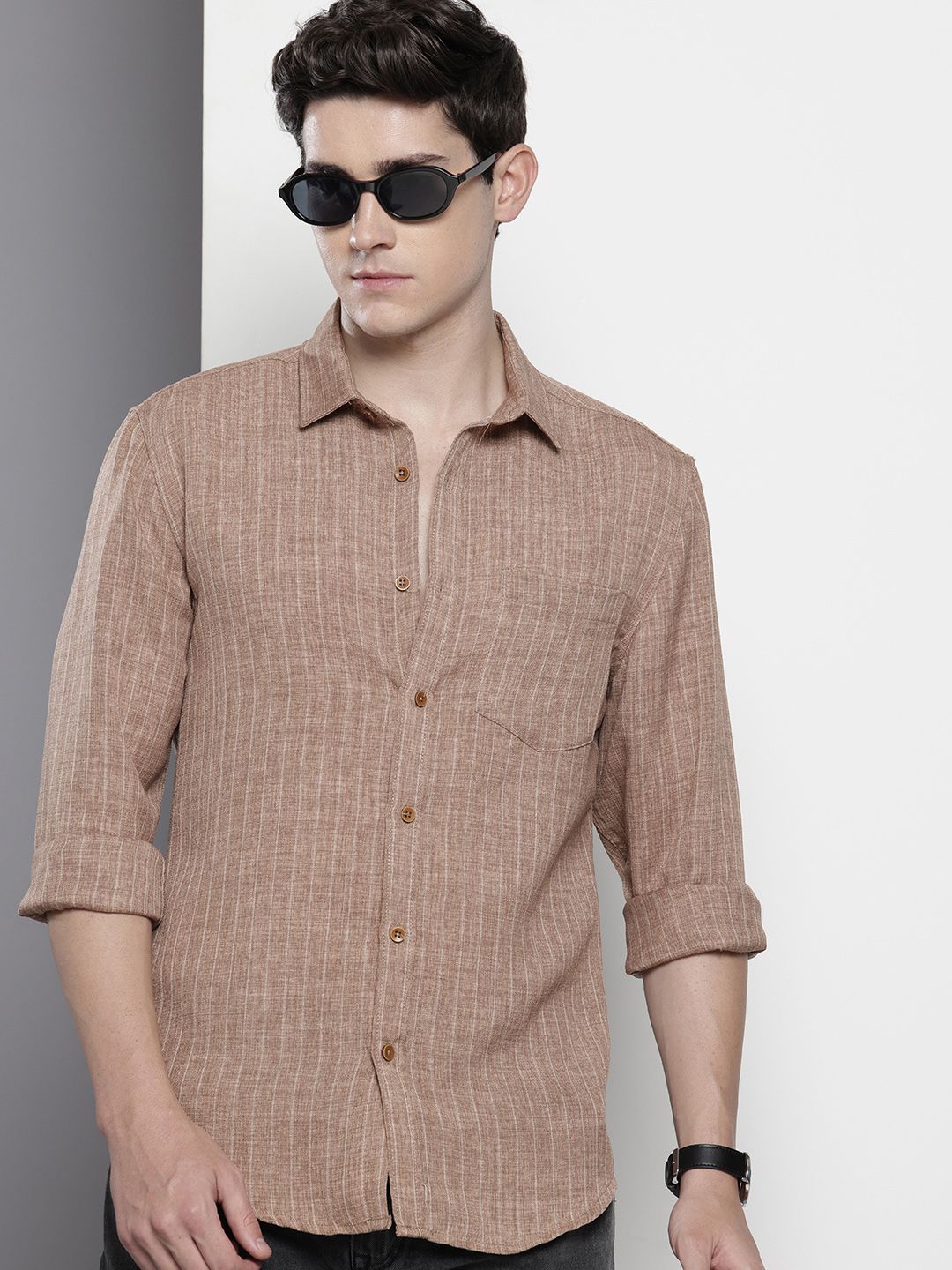 The Indian Garage Co Men's Brown Slim Fit Striped Casual Shirt