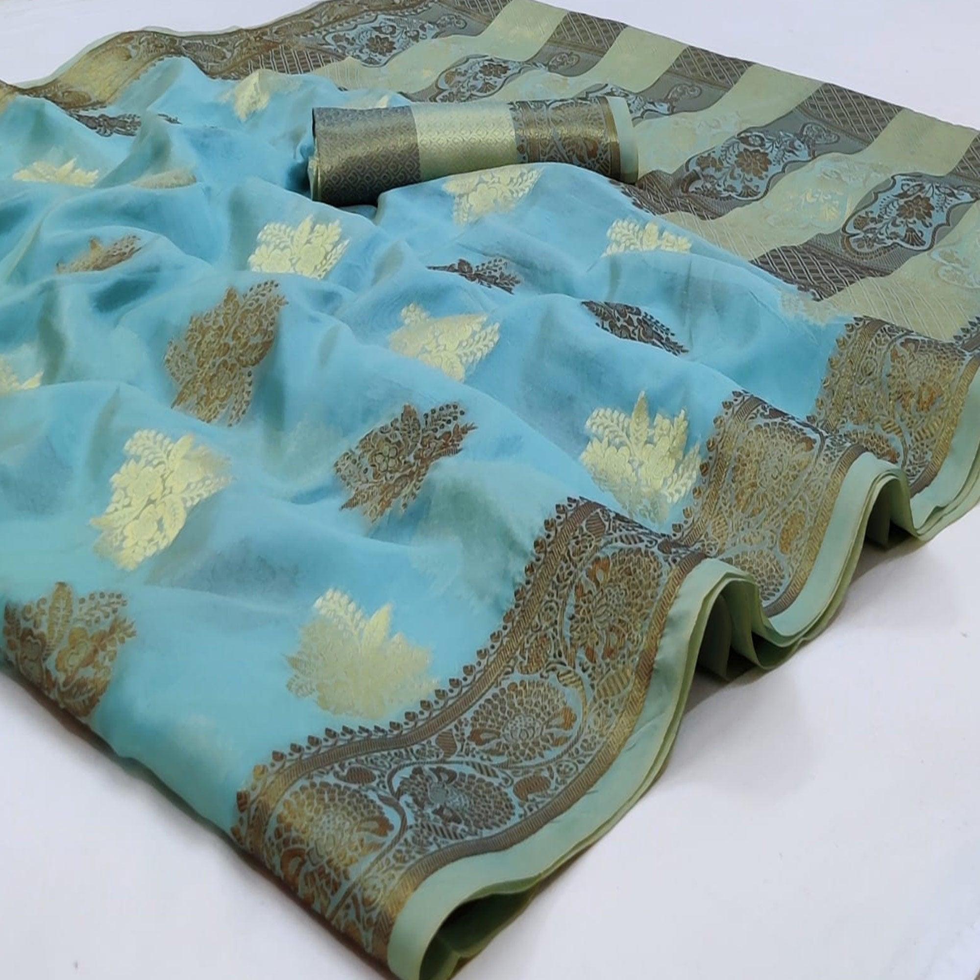 Peachmode Firozi Festive Wear Woven Soft Organza Saree