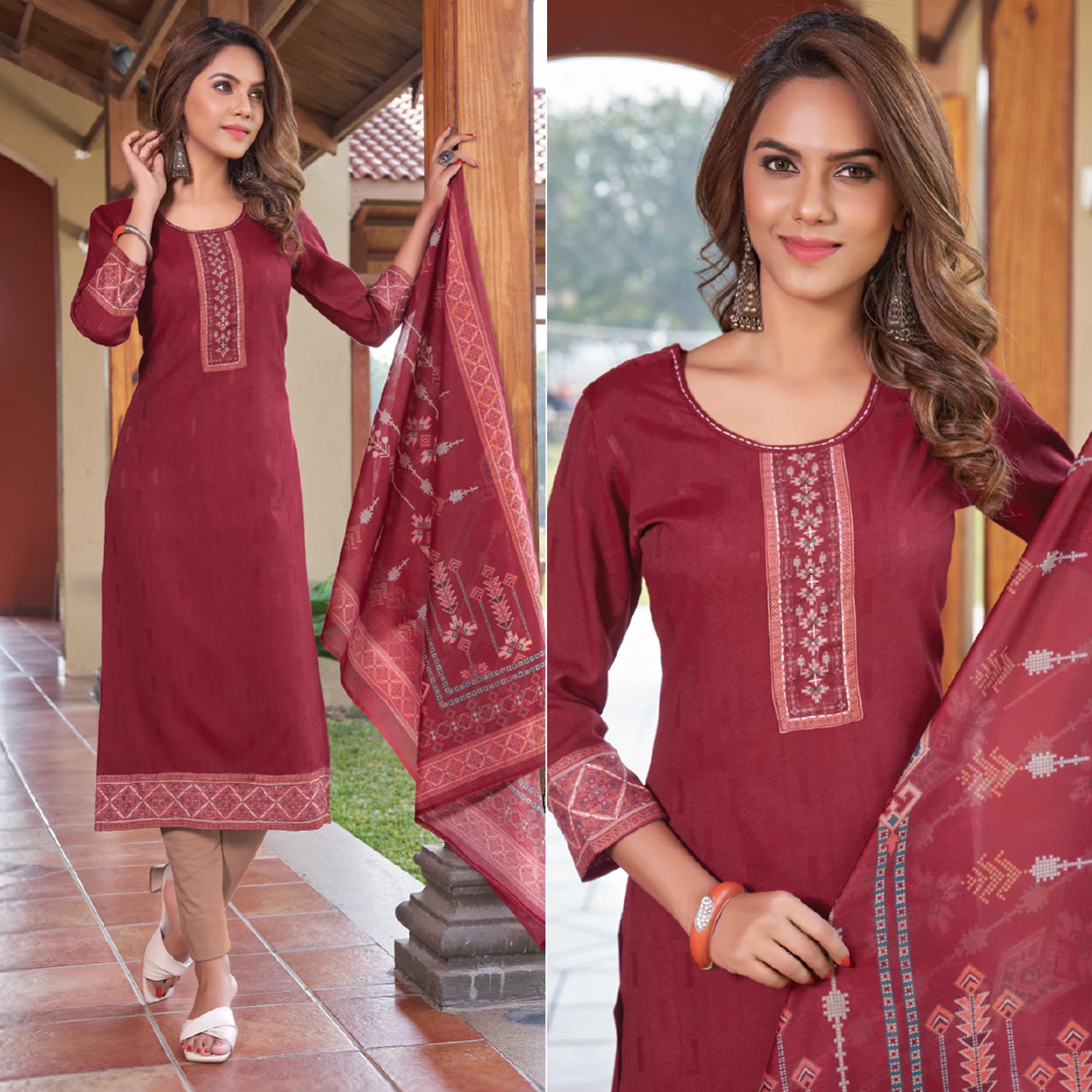 Peachmode Seller Maroon Embroidered Rayon Kurti With Dupatta