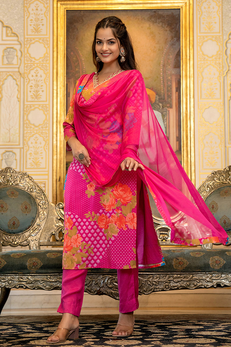 Ahika Pink Silk Blend Floral Printed Straight Suit Set With Trouser Bottom PKSKD2703 - view 3