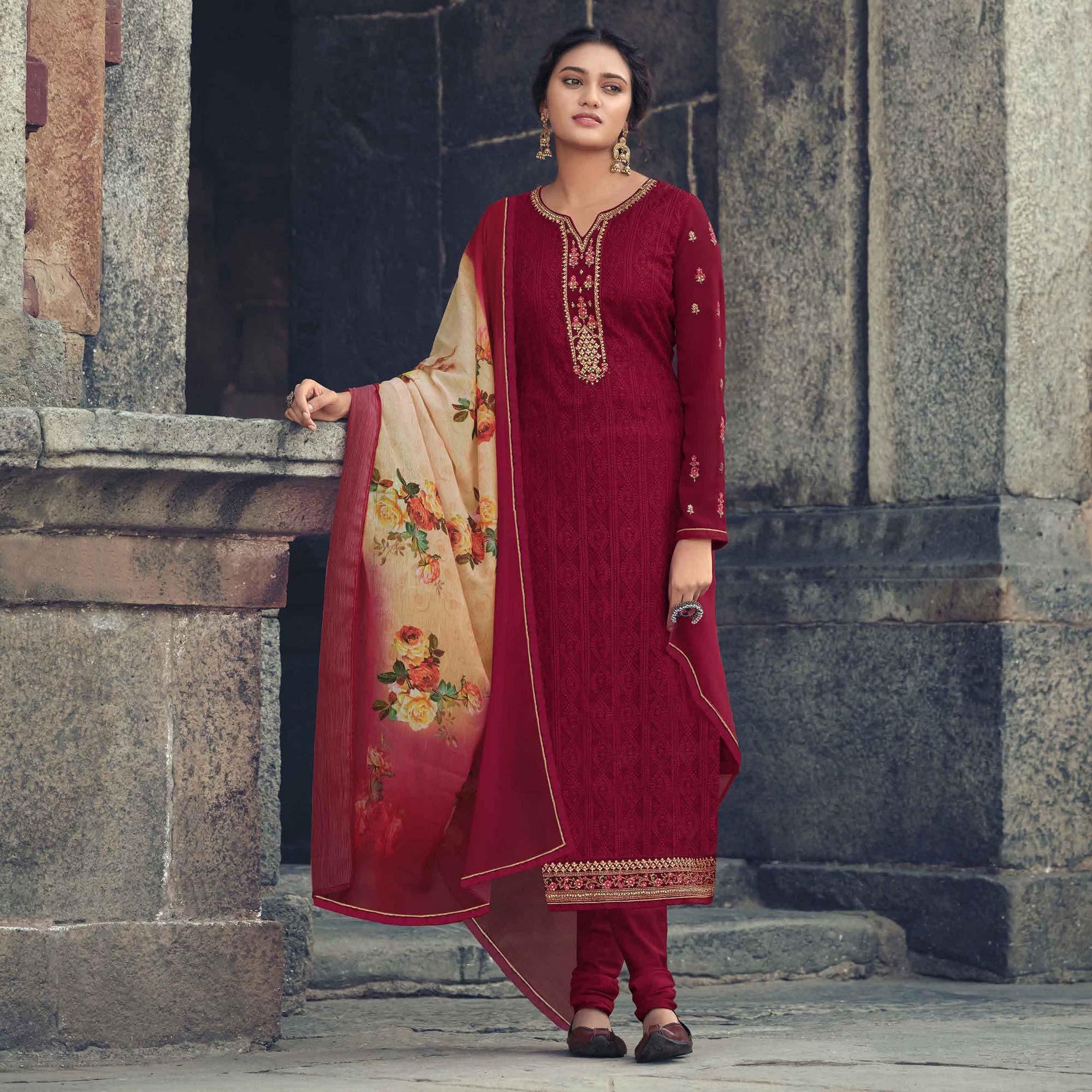 Peachmode Maroon Partywear Embroidered & Embellished Faux Georgette Salwar Suit