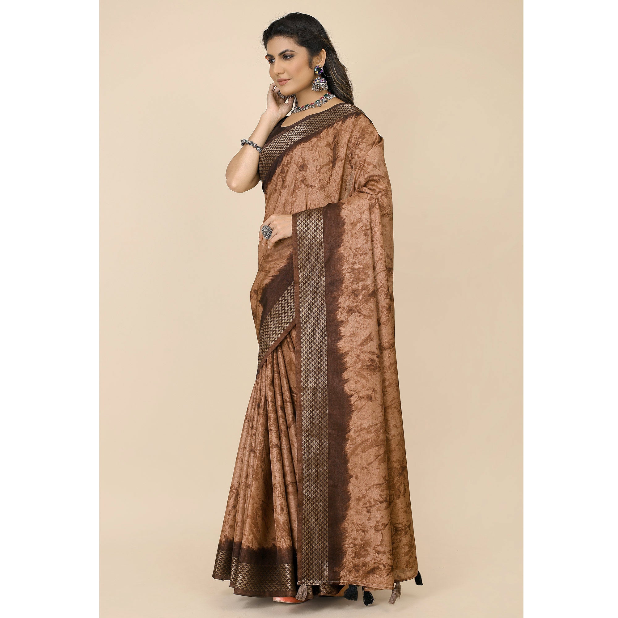 Peachmode Coffee Brown Printed Cotton Silk Saree With Zari Border - view 4