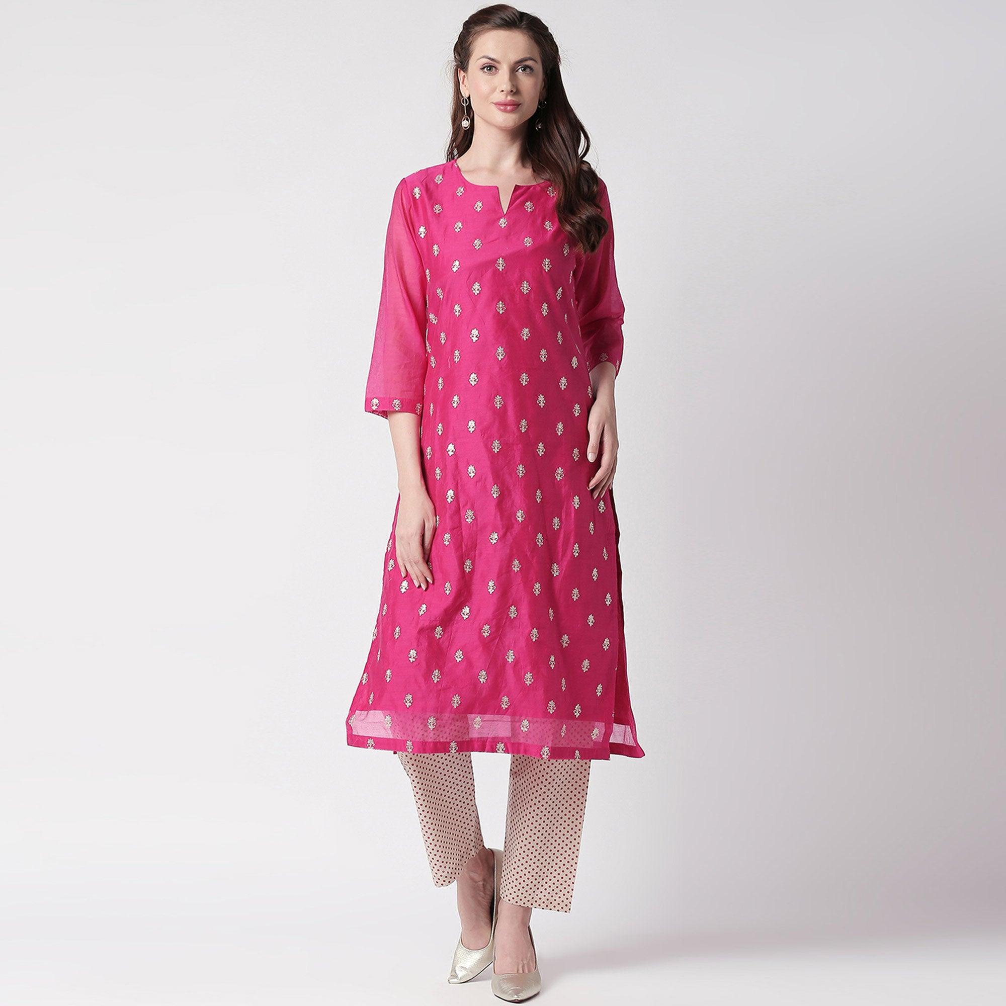 Peachmode Energetic Pink Colored Partywear Embroidered Silk Kurti - Bottom Set - view 5