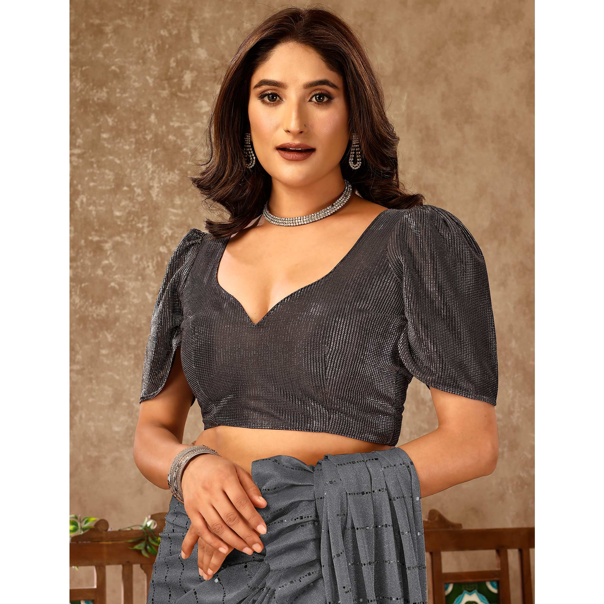 Peachmode Seller Grey Tikki Work Lycra Ready To Wear Ruffle Saree - view 9