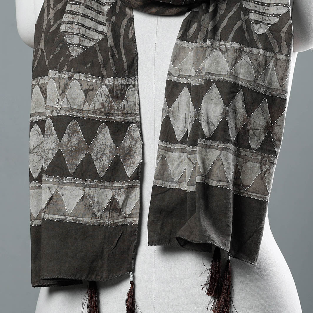 ARTISAN HAND BLOCK PRINTS Brown - Bagru Block Printed Tagai Work Cotton Stole with Tassels - view 2