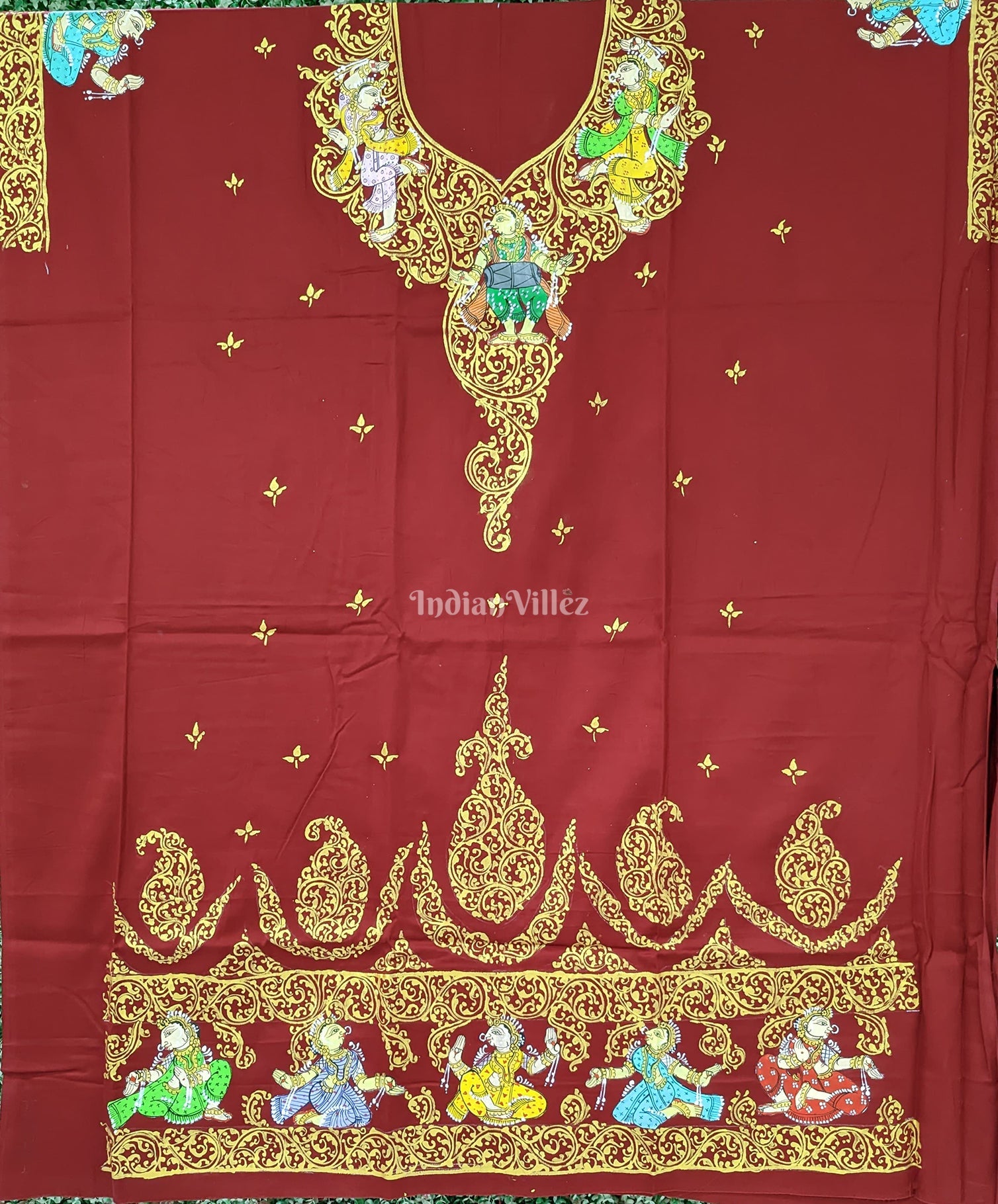 IndianVillèz Maroon Nartaki Theme Pattachitra Kurti Cotton Dress Material