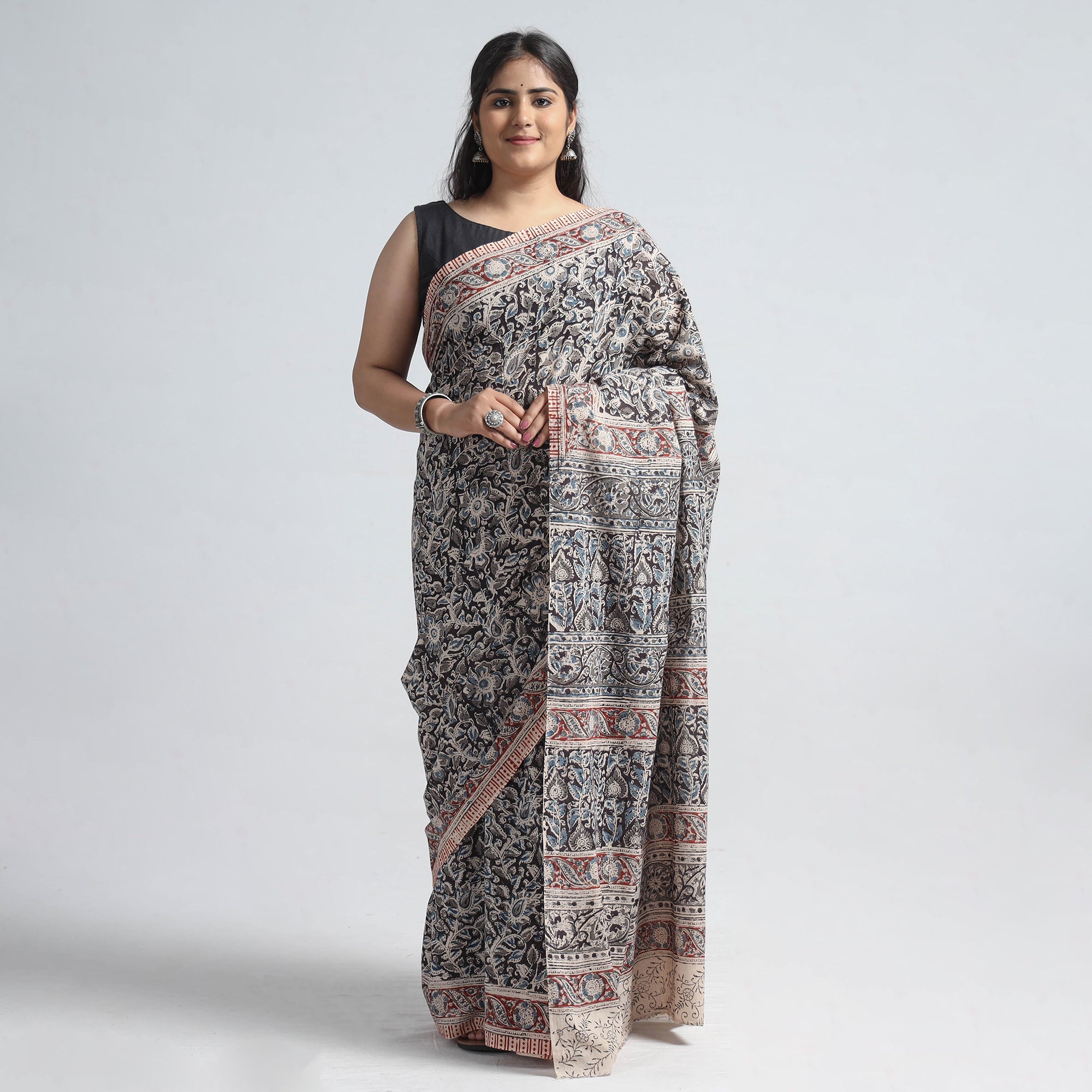 VENKATA BHANU KALAMKARI PEDANA Black - Pedana Block Print Cotton Kalamkari Saree