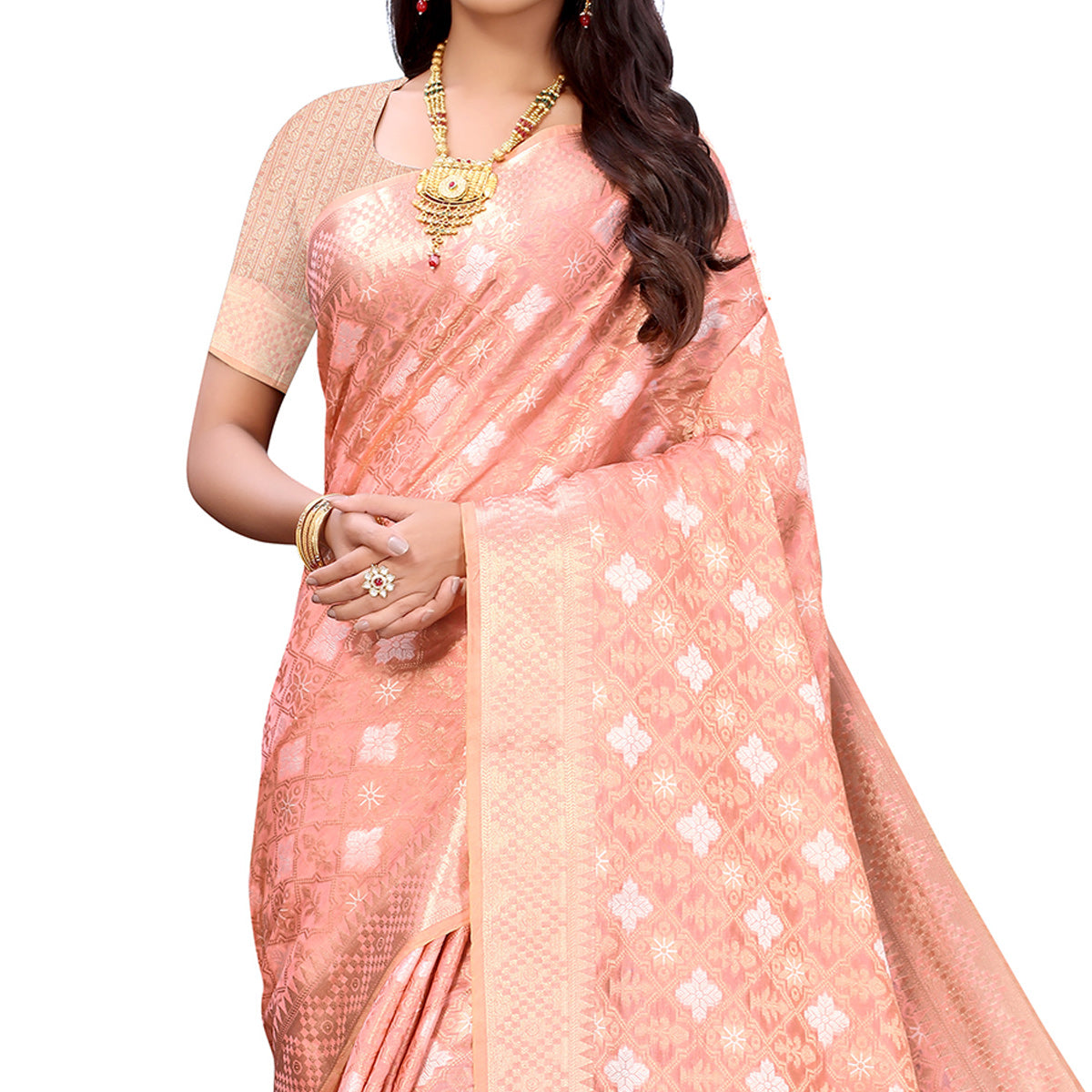 Peachmode Dark Peach Festive Wear Woven Silk Saree - view 2