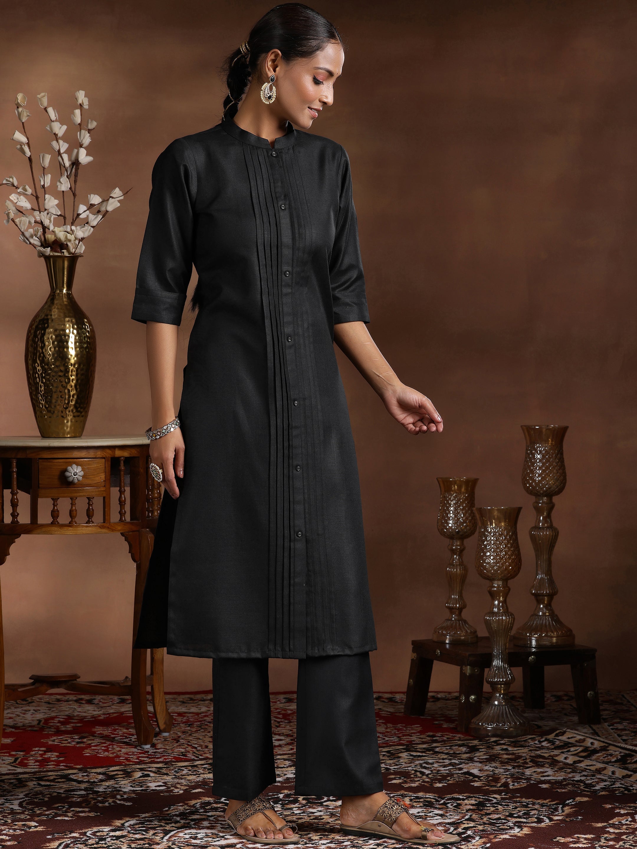 Libas Black Solid Silk Blend Straight Suit With Dupatta - view 2