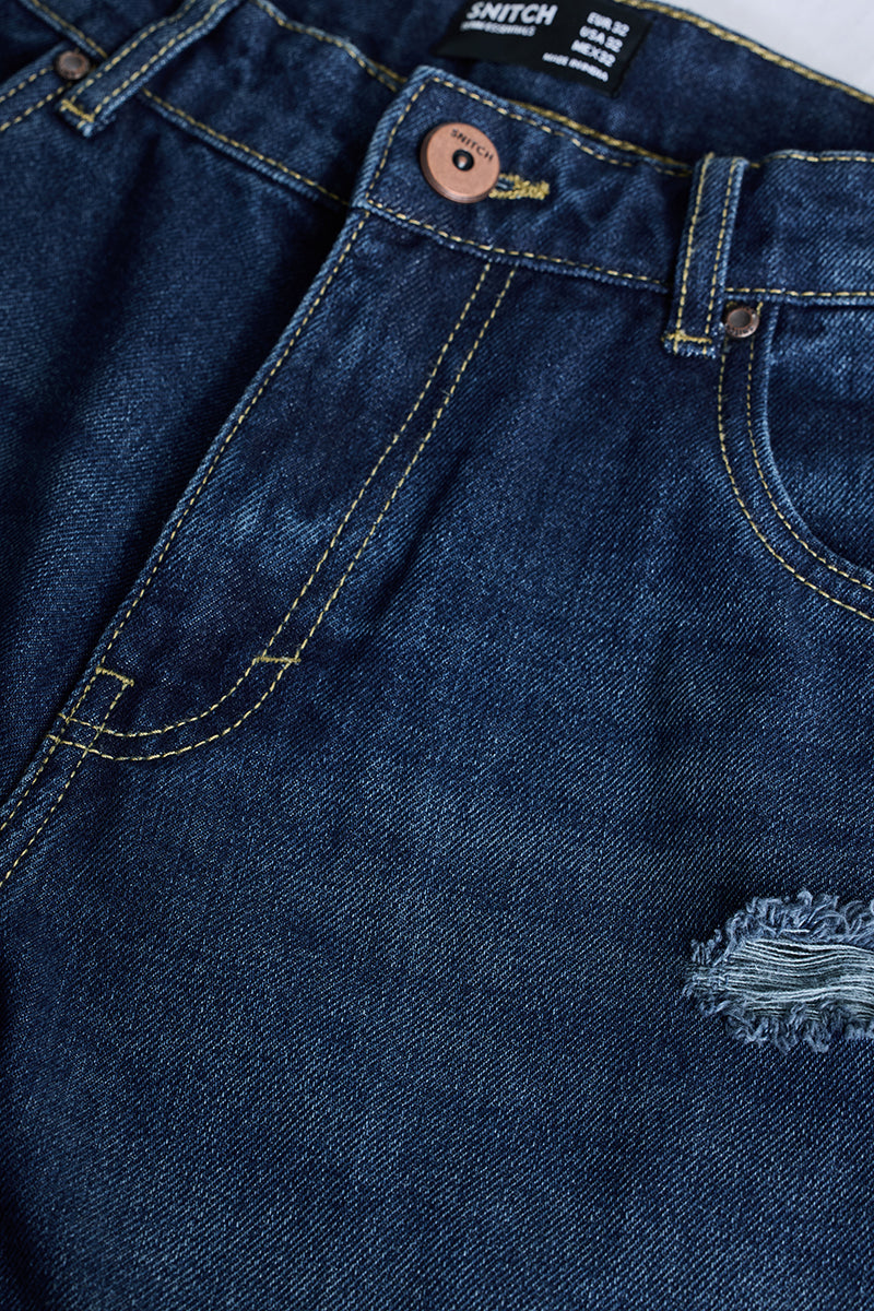 SNITCH Navy Distressed Baggy Fit Jeans - view 2