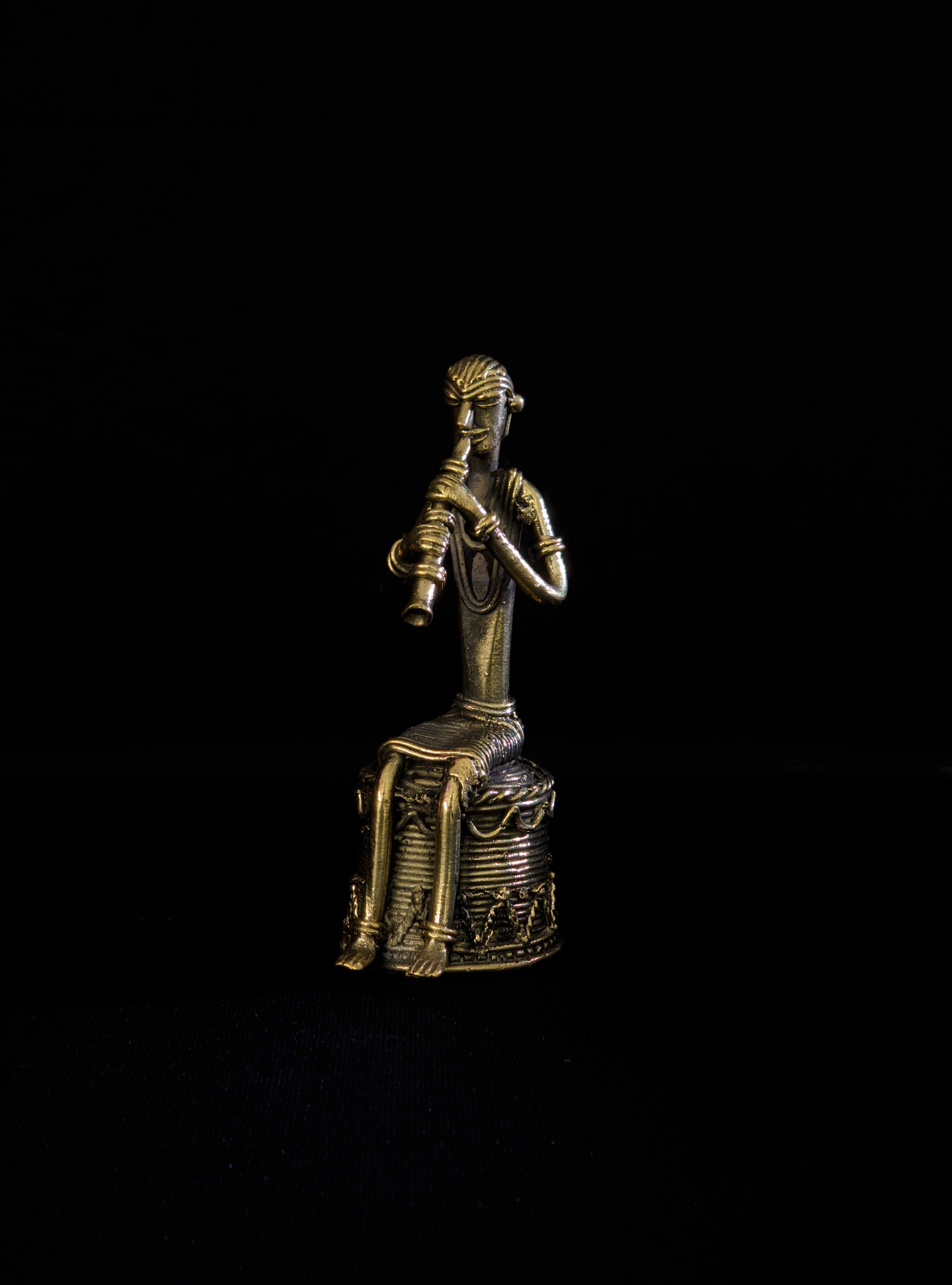 IndianVillèz Handmade Dhokra Tribal Musician Sitting on Base Playing Turi - view 2