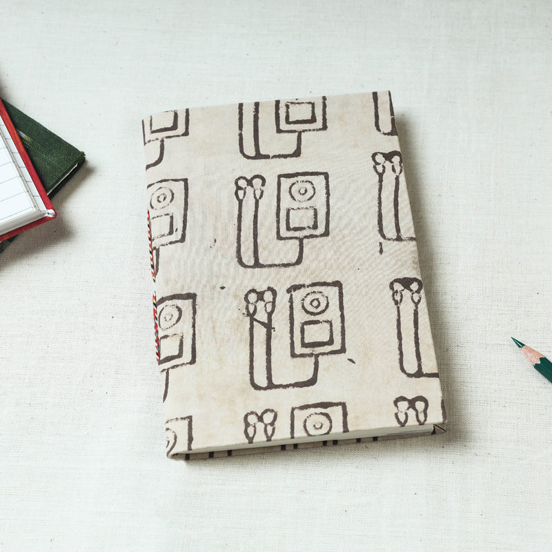 CHUTNEY CRAFT STUDIO Beige - Art Block Print Fabric Cover Handmade Paper Notebook (7 x 5 in)