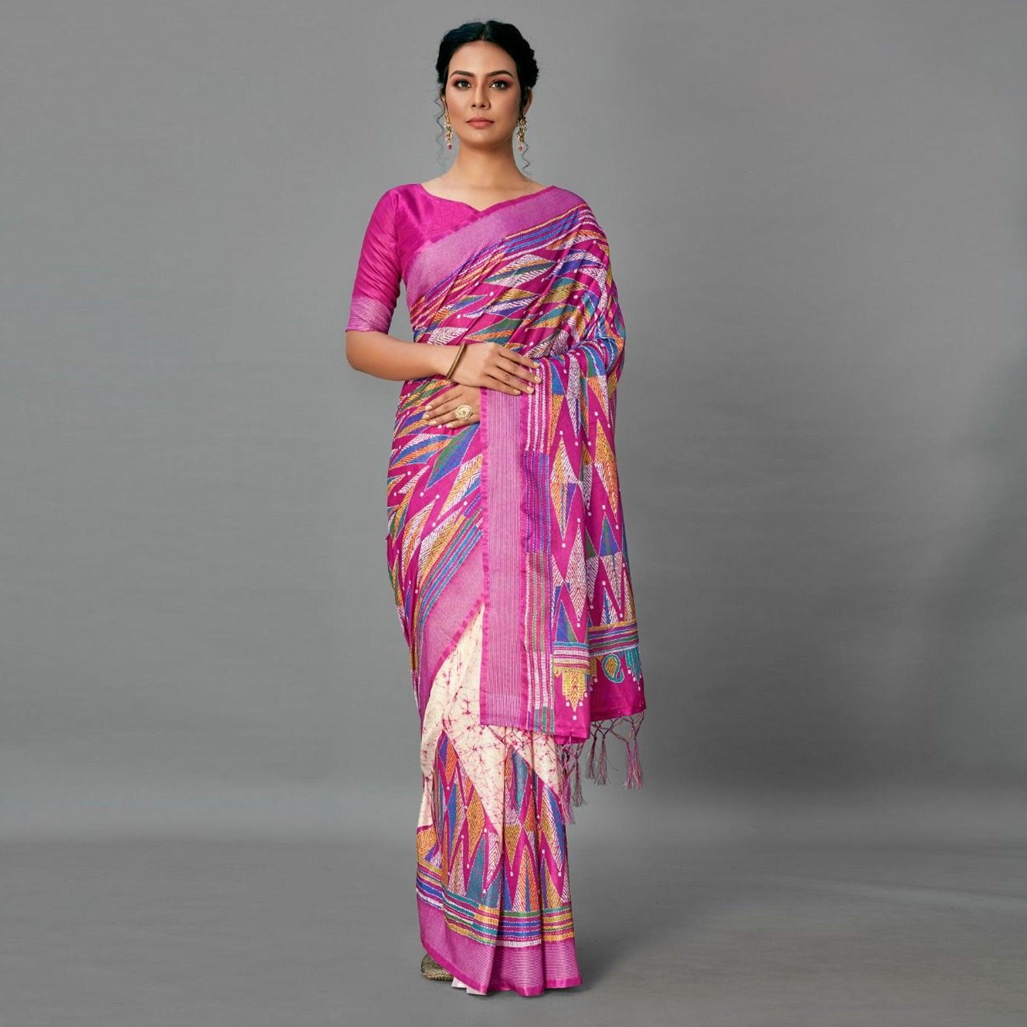 Peachmode Magenta Casual Art Silk Printed Saree With Unstitched Blouse
