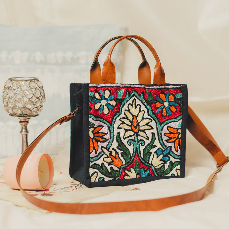 WOCA DESIGNS Black - Tulip Blue Chain Stitch Hand Embroidery Canvas Mini Book Bag