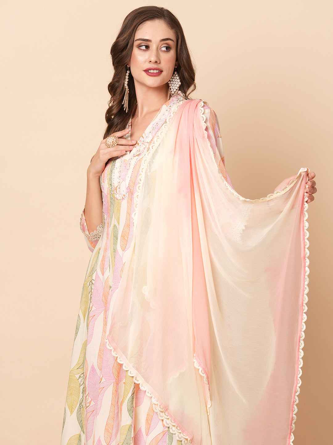 Fashor Abstract Floral Printed & Embroidered Anarkali Kurta with Pant & Dupatta - Off White - view 3