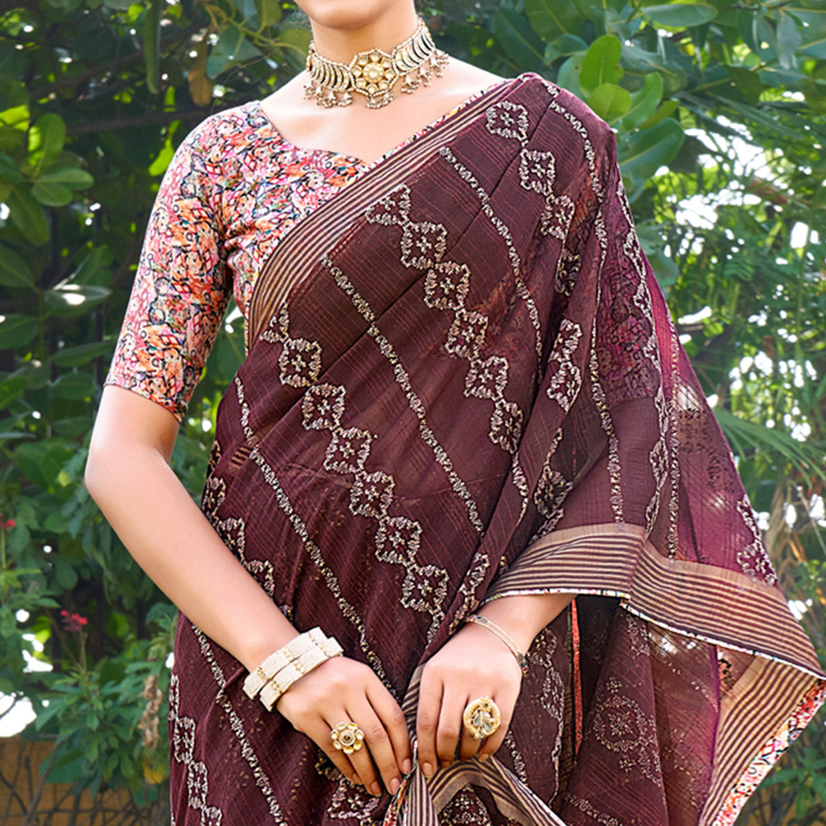 Peachmode Coffee Brown Printed Chiffon Saree – Women's - view 2