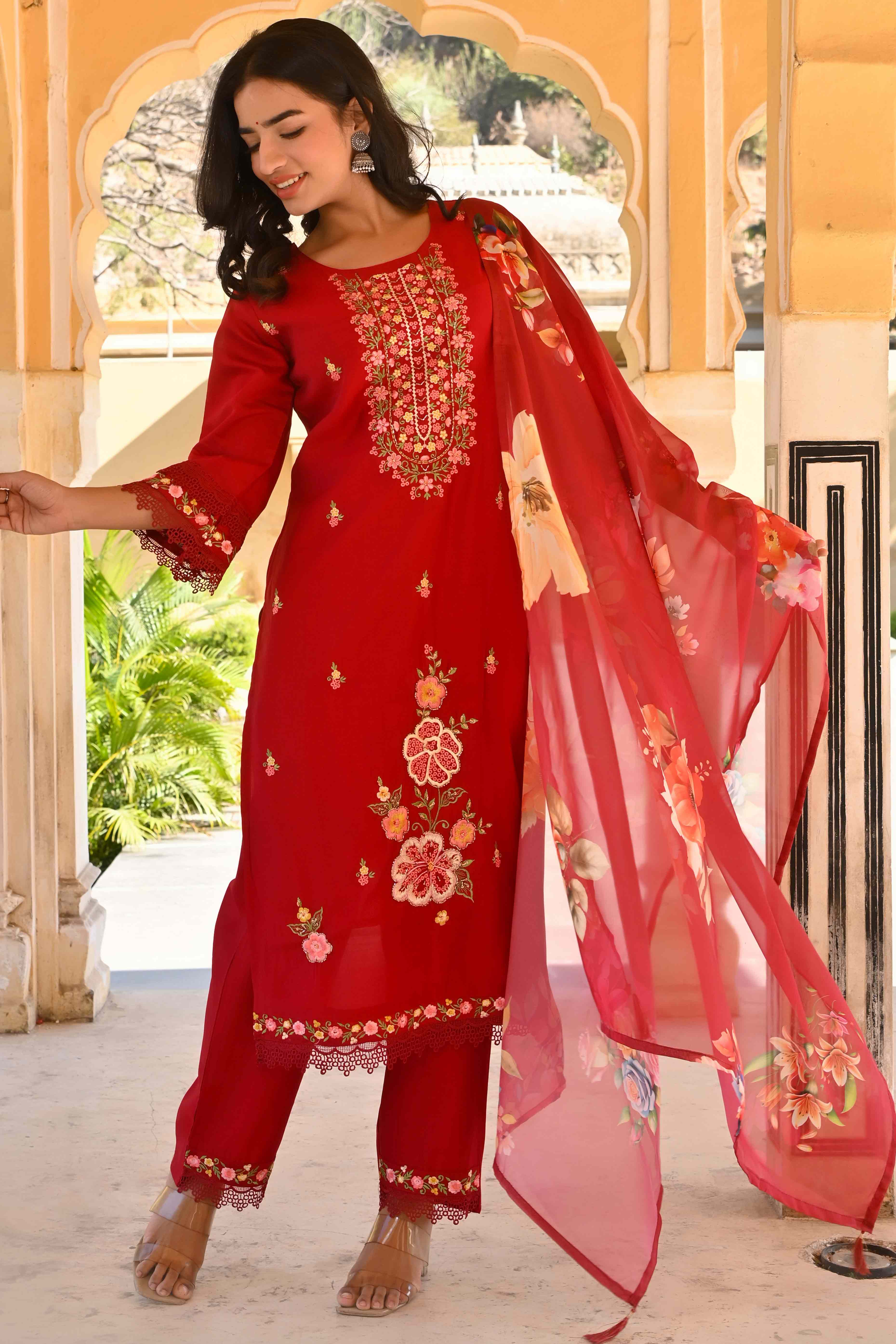 Peachmode Maroon Floral Embroidered Chanderi Silk Salwar Suit