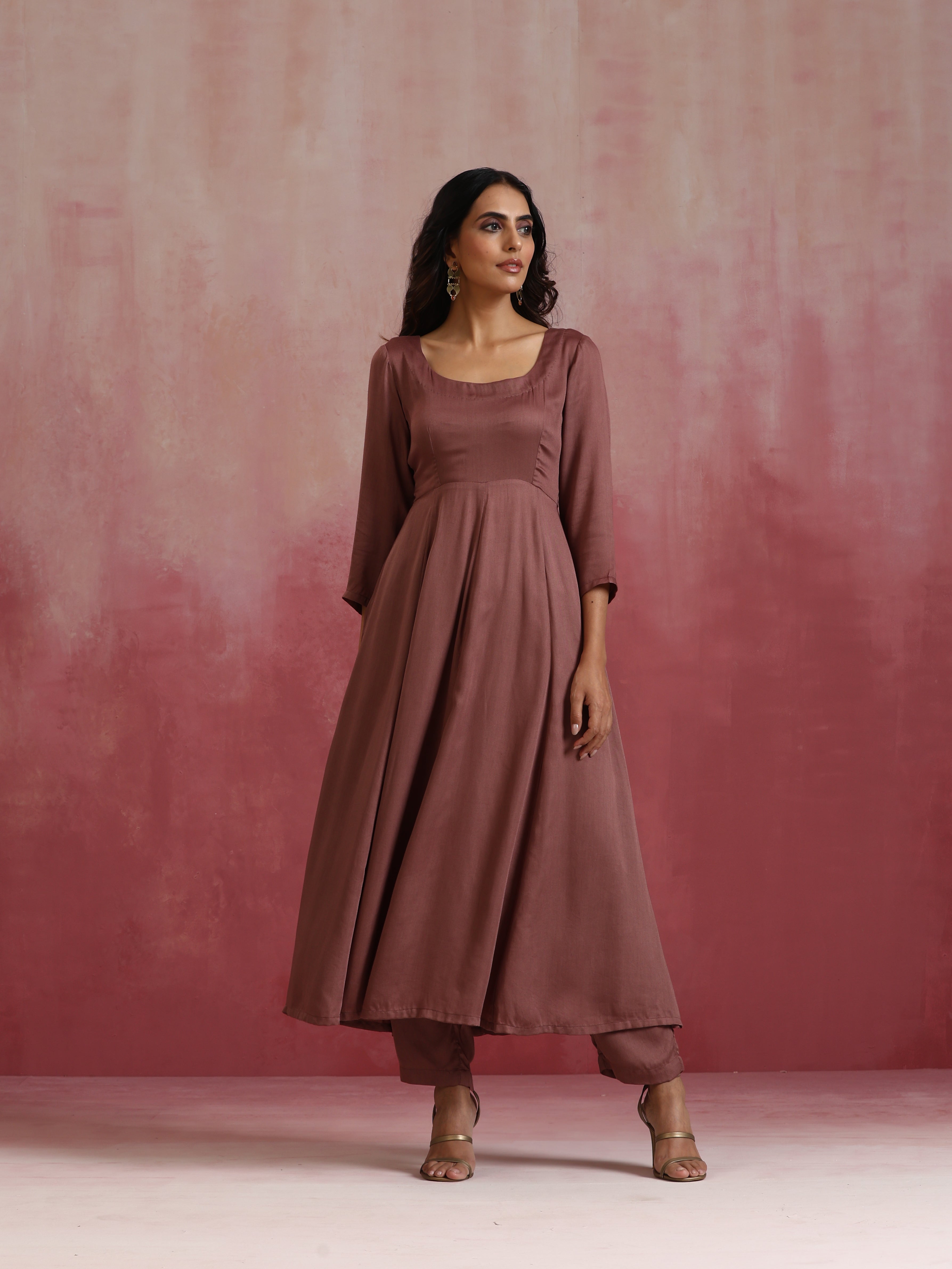 trueBrowns Brown Modal Anarkali Kurta Set - view 3