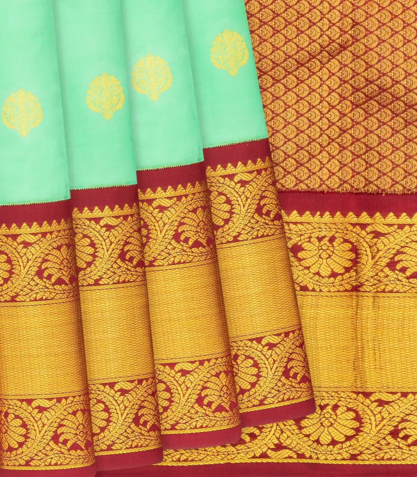 RmKV Aquamarine Silk Saree With Floral Buttas & Contrast Crimson Border-Aquamarine