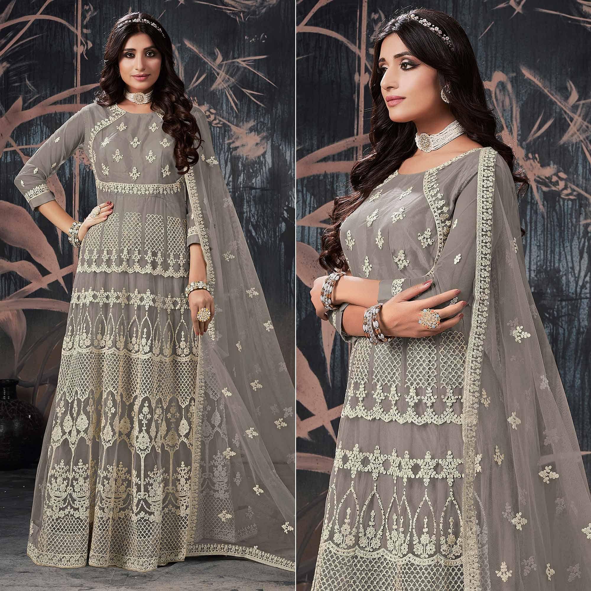 Peachmode Seller Grey Partywear Embroidery With Embellished Net Gown