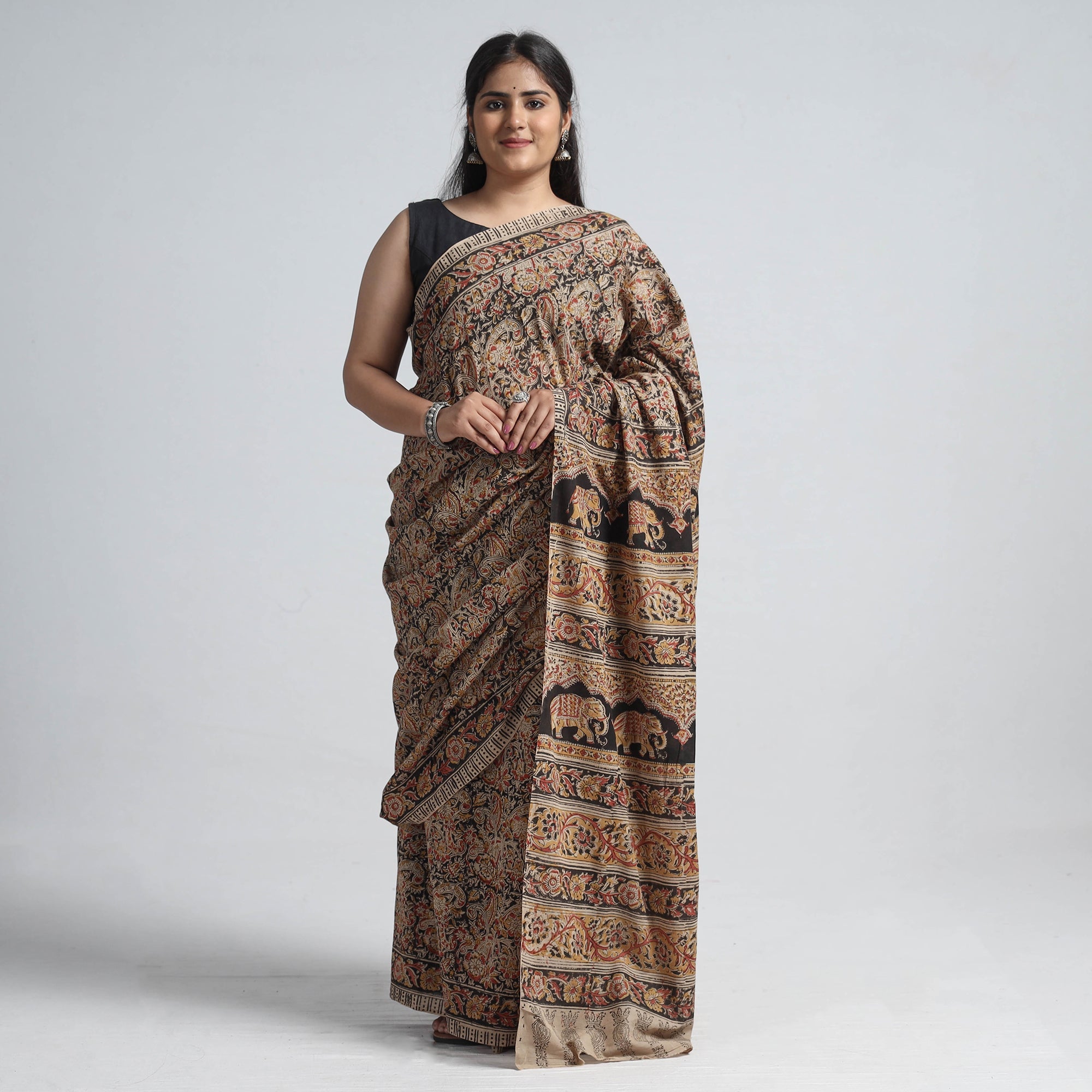 VENKATA BHANU KALAMKARI PEDANA Brown - Pedana Block Print Cotton Kalamkari Saree