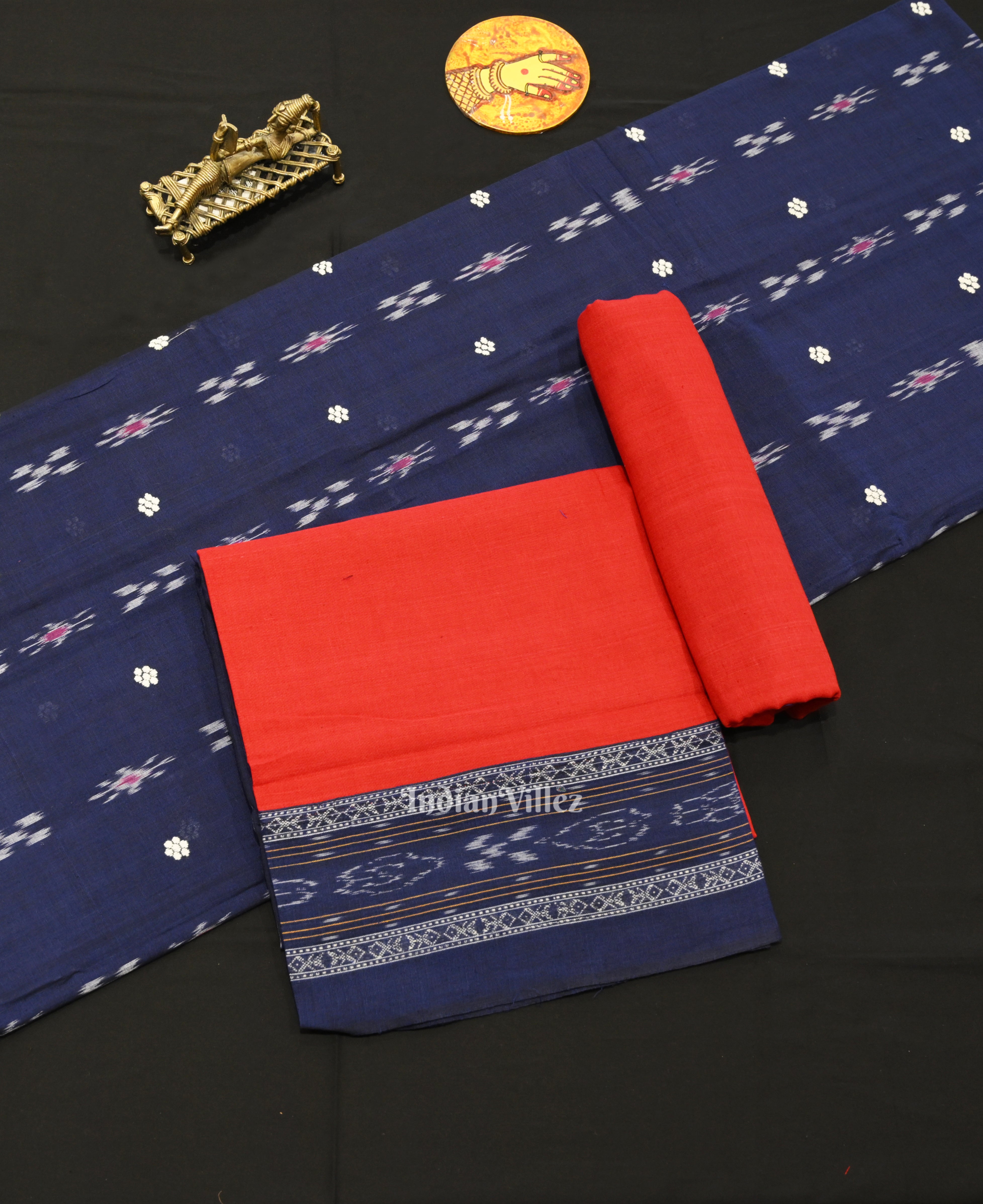 IndianVillèz Blue Red Pasapali Bandha Sambalpuri Cotton Dress set & Dupatta